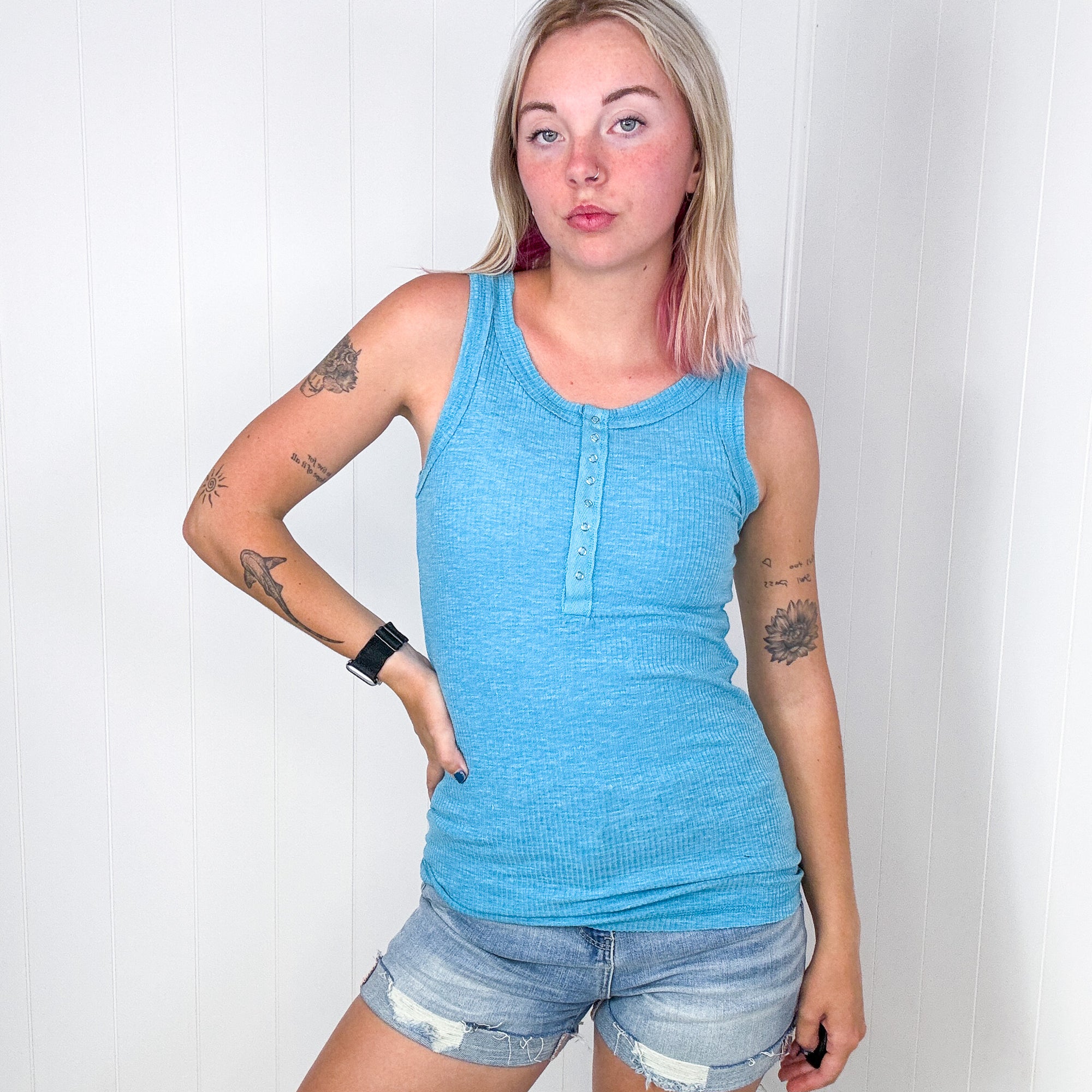 Summer Days Ice Blue Melange Ribbed Henley Button Down Tank Top - Boujee Boutique 