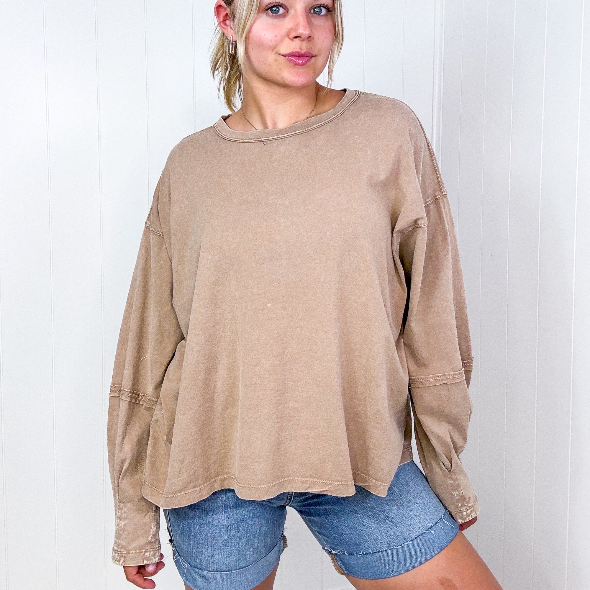 Easel Mineral Washed Pleated Wrist Long Sleeve Top in 4 Colors - Boujee Boutique 