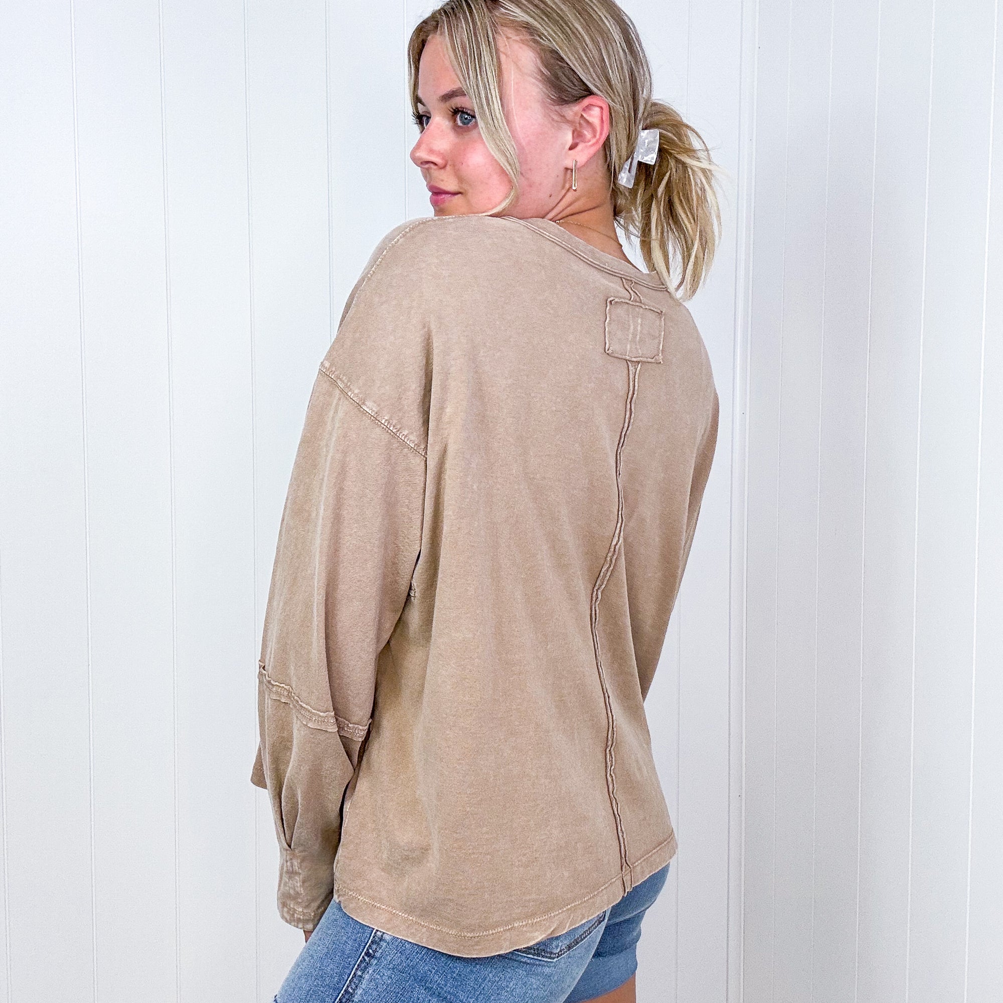 Easel Mineral Washed Pleated Wrist Long Sleeve Top in 4 Colors - Boujee Boutique 