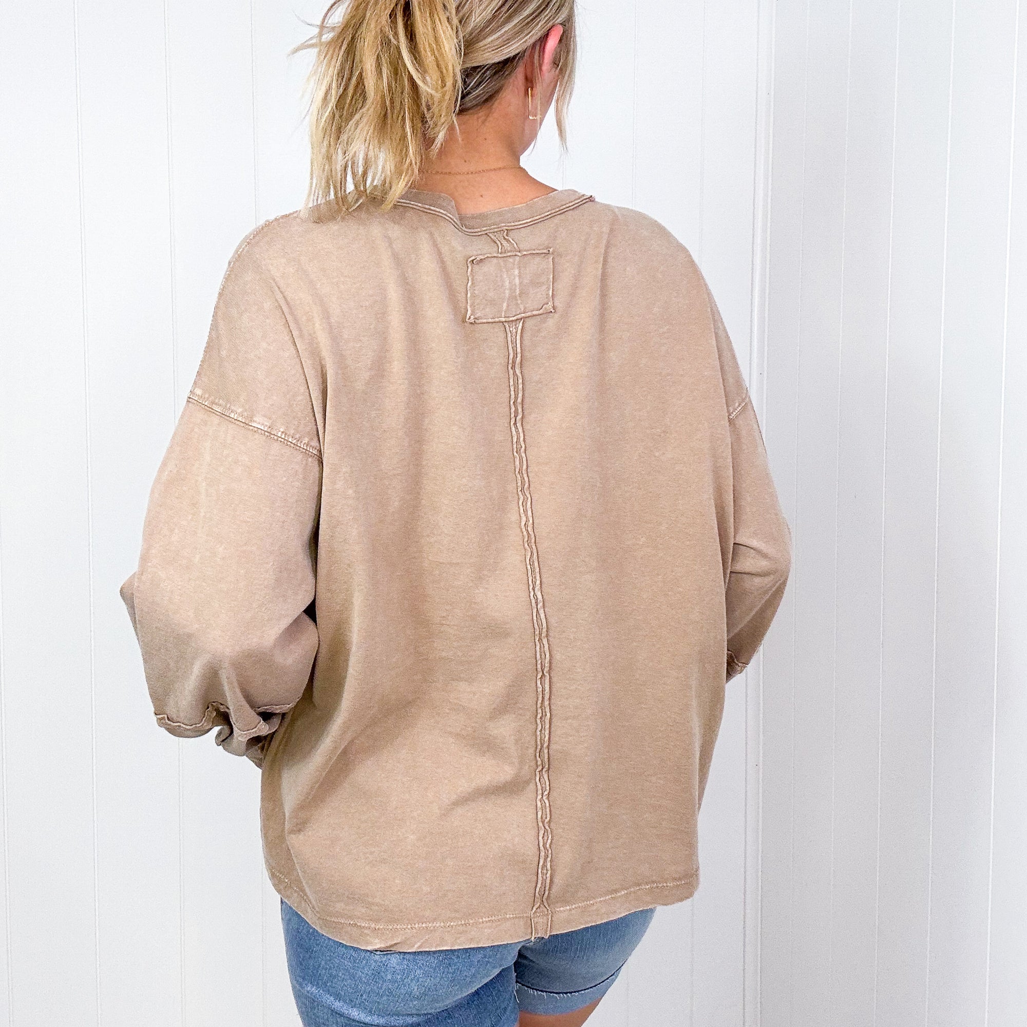 Easel Mineral Washed Pleated Wrist Long Sleeve Top in 4 Colors - Boujee Boutique 