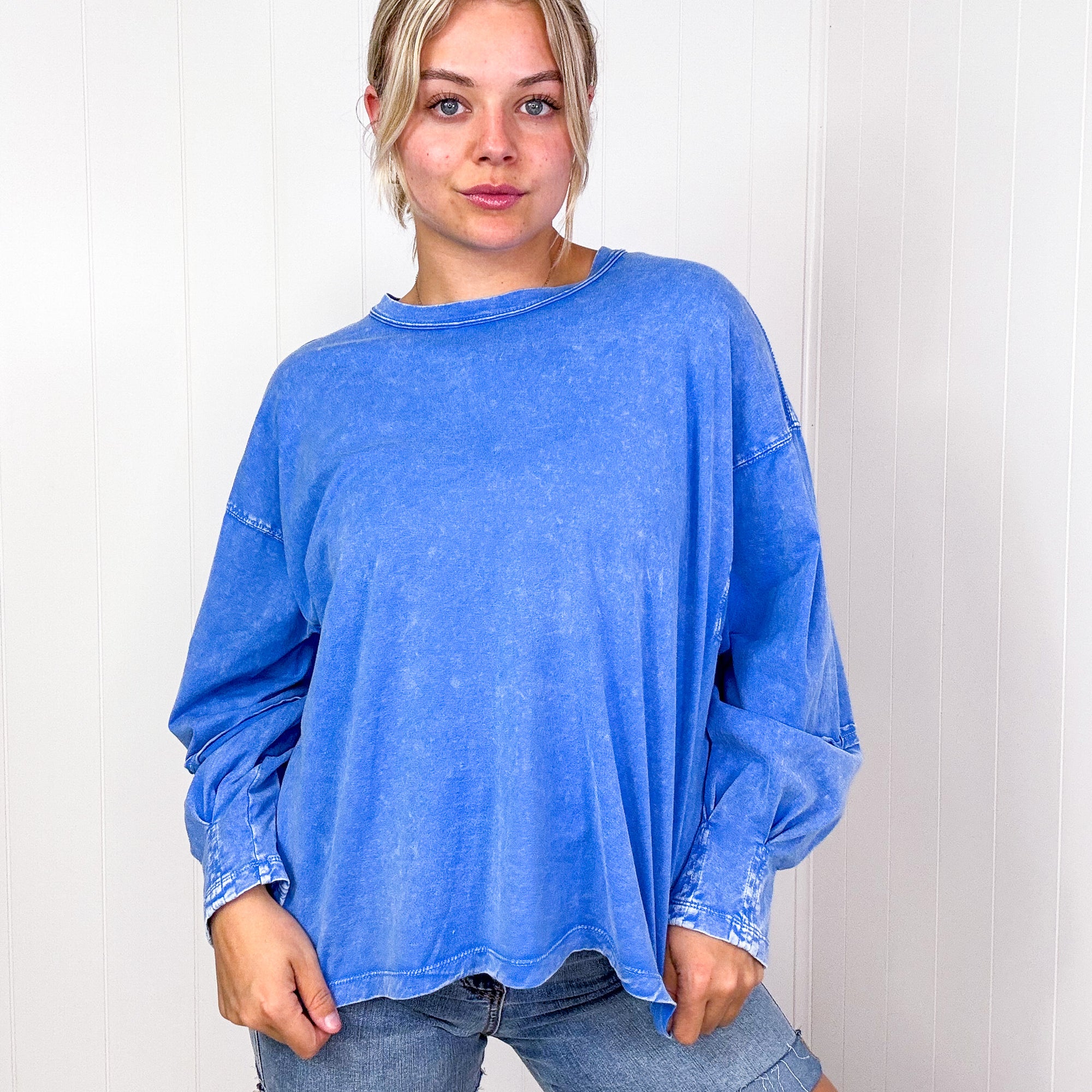 Easel Mineral Washed Pleated Wrist Long Sleeve Top in 4 Colors - Boujee Boutique 