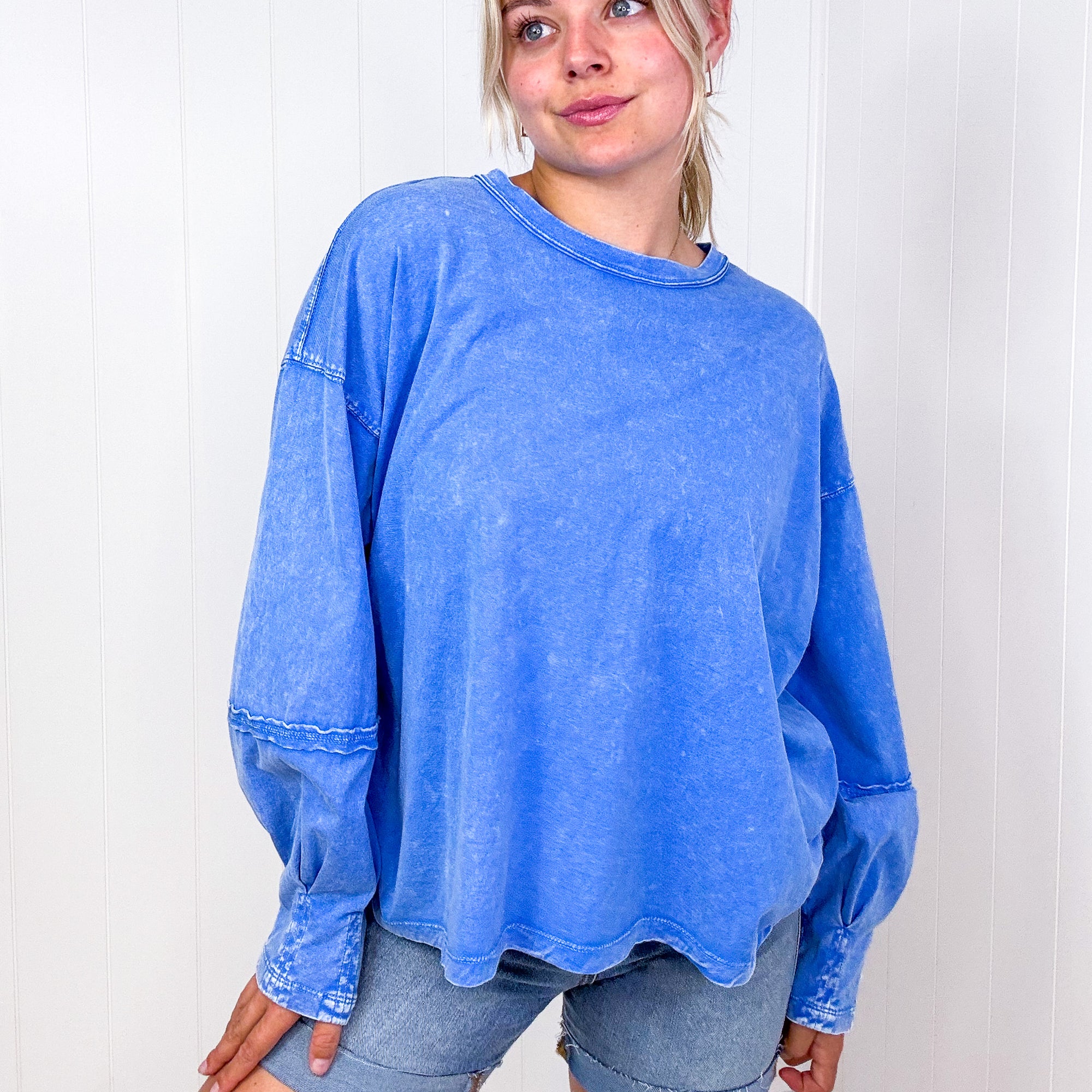 Easel Mineral Washed Pleated Wrist Long Sleeve Top in 4 Colors - Boujee Boutique 