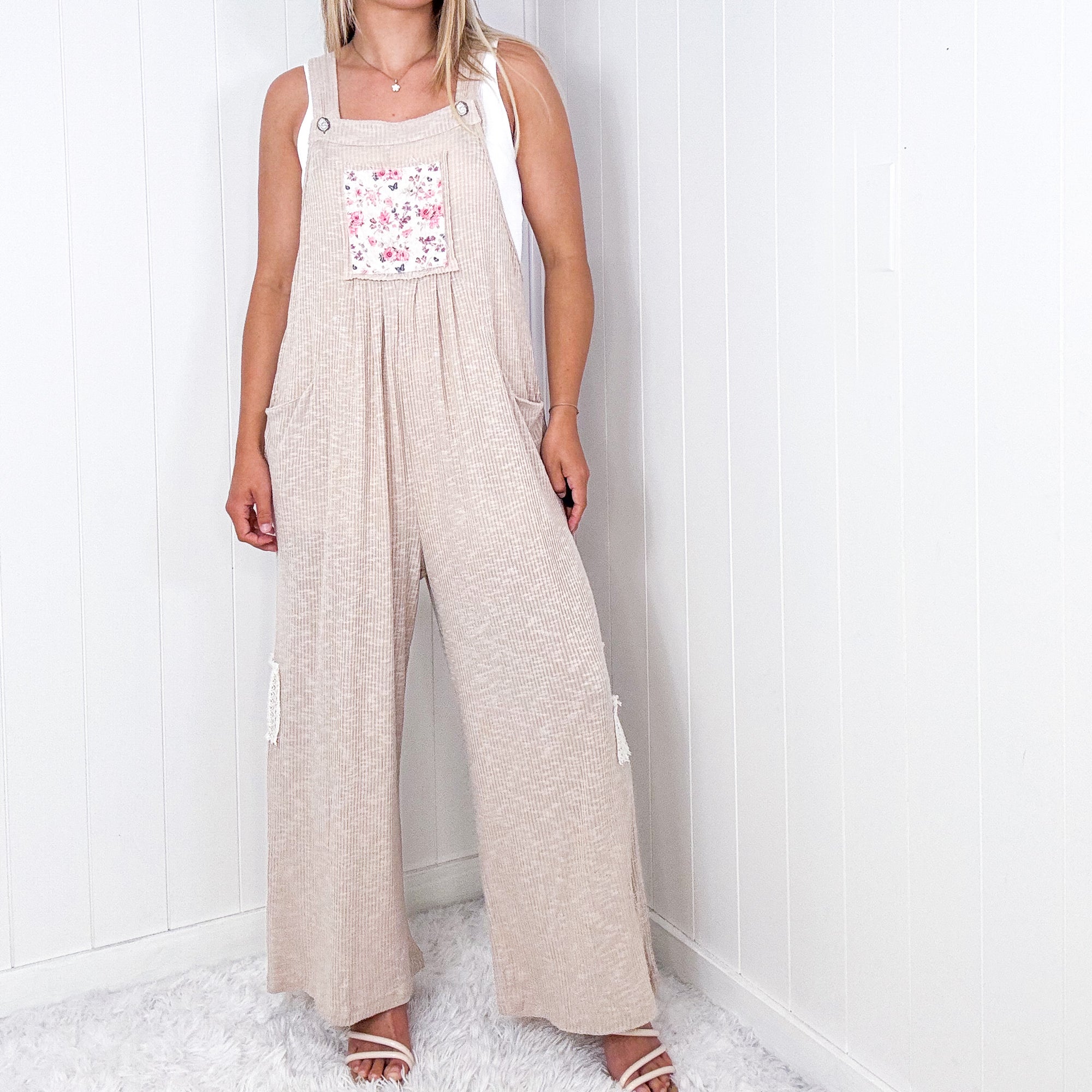 Pol Girly Almond Floral Patch Ribbed Jumpsuit - Boujee Boutique 