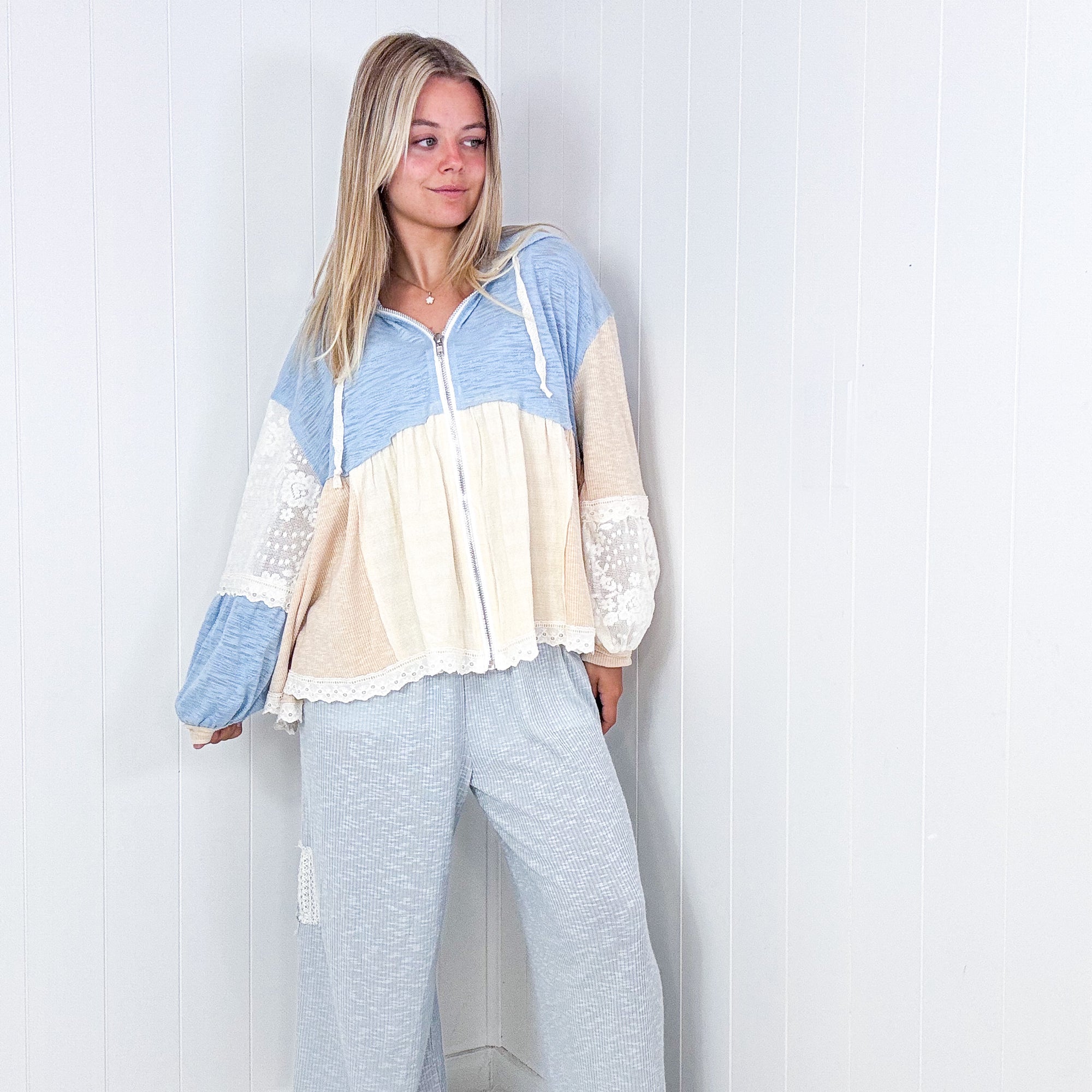 Pol Lace Me Up Powder Blue Multi Lace and Ribbed Hoodie - Boujee Boutique 