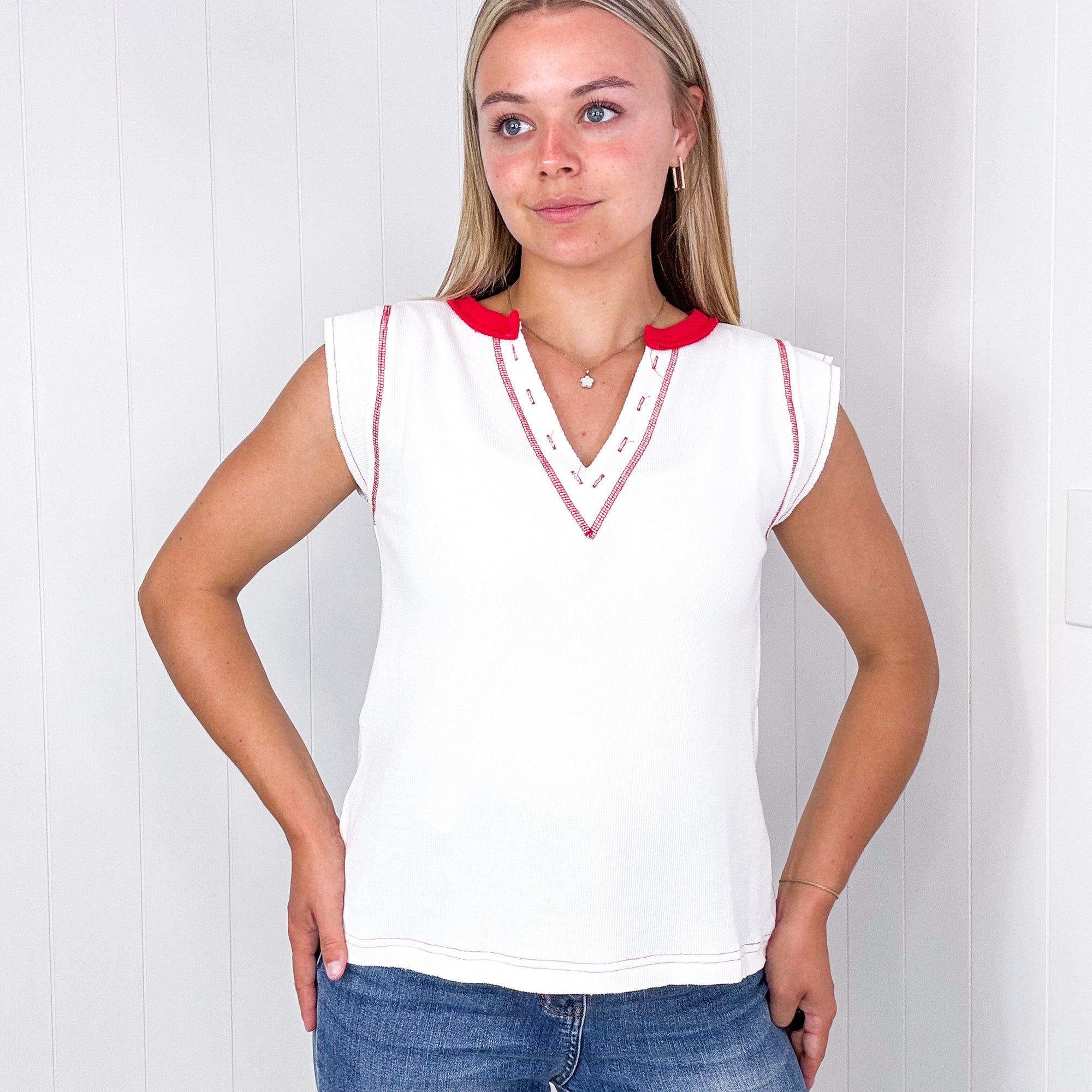 Pol White with Red Contrast Thermal Sleeveless V Neck Top - Boujee Boutique 