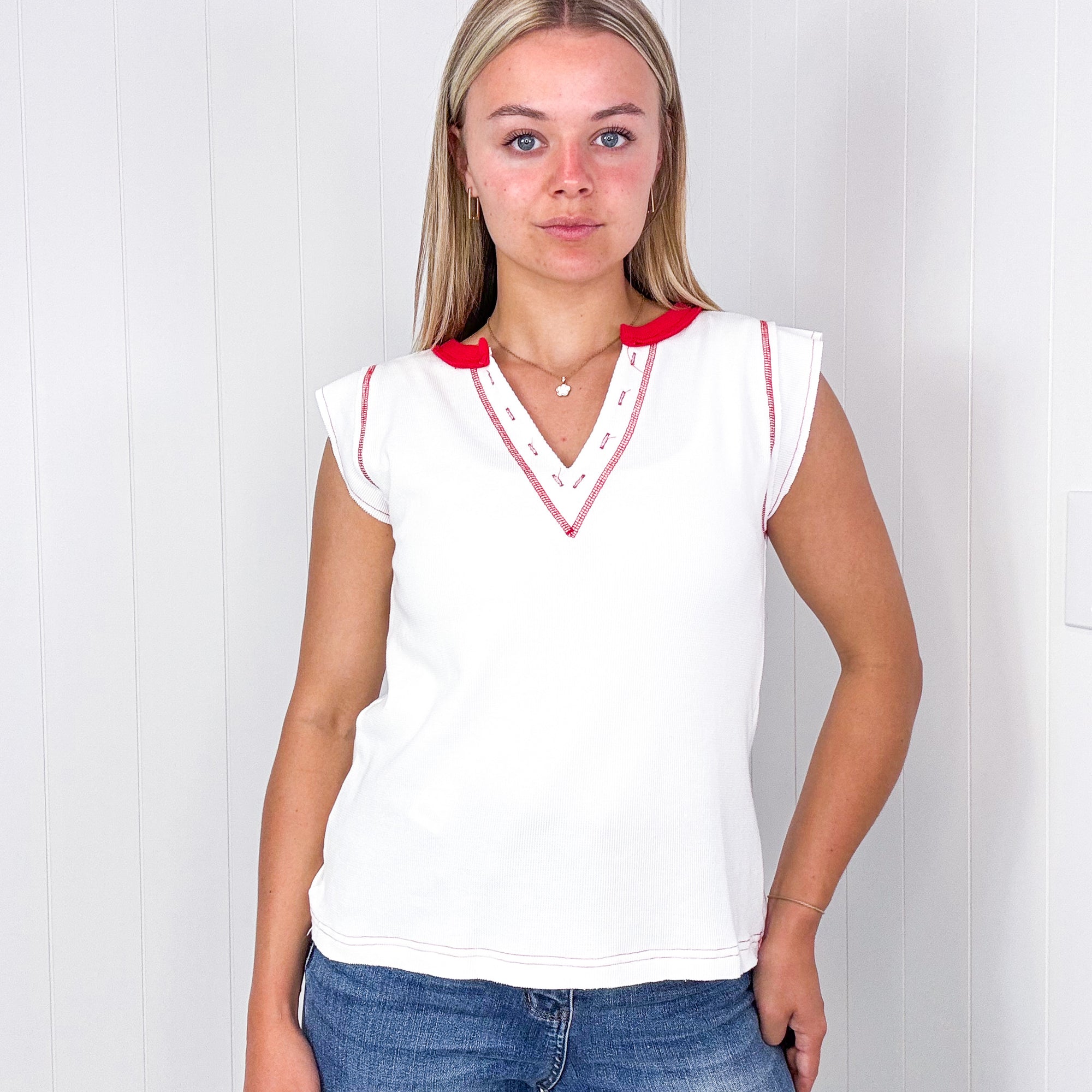 Pol White with Red Contrast Thermal Sleeveless V Neck Top - Boujee Boutique 