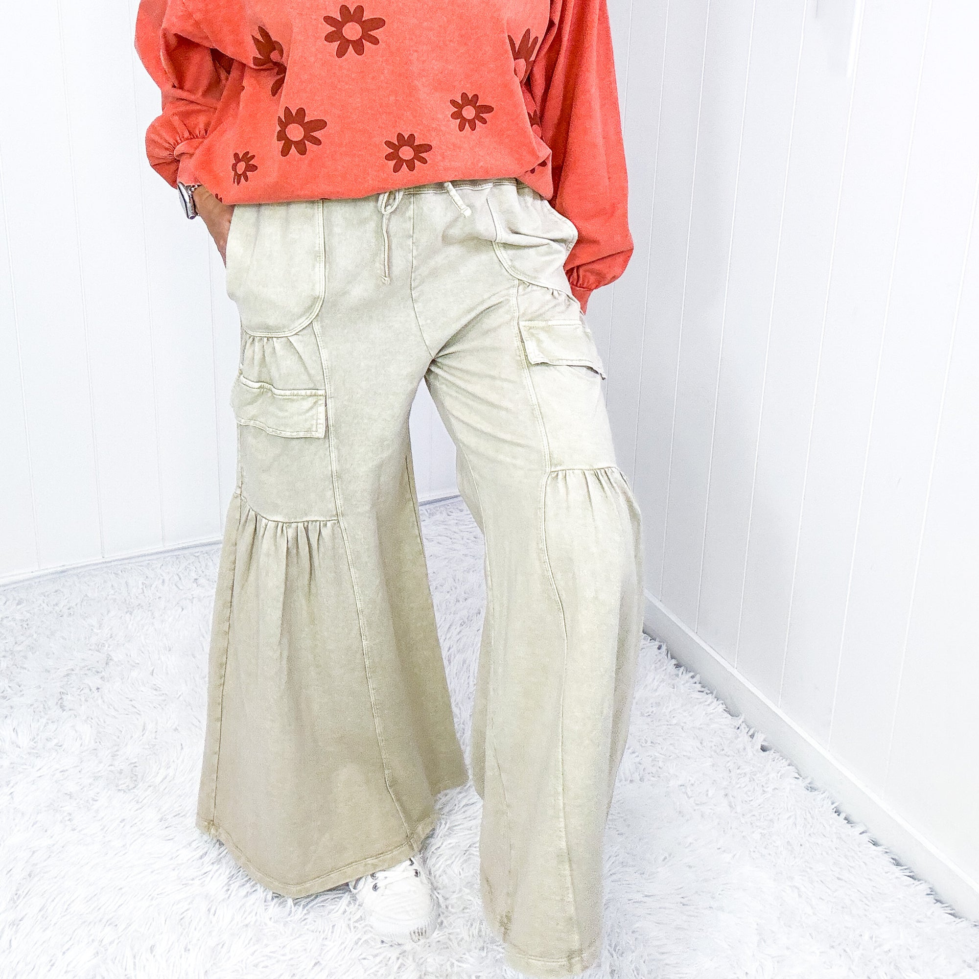 Earth Tones Khaki Mineral Washed Ruched and Ruffed Palazzo Pants - Boujee Boutique 