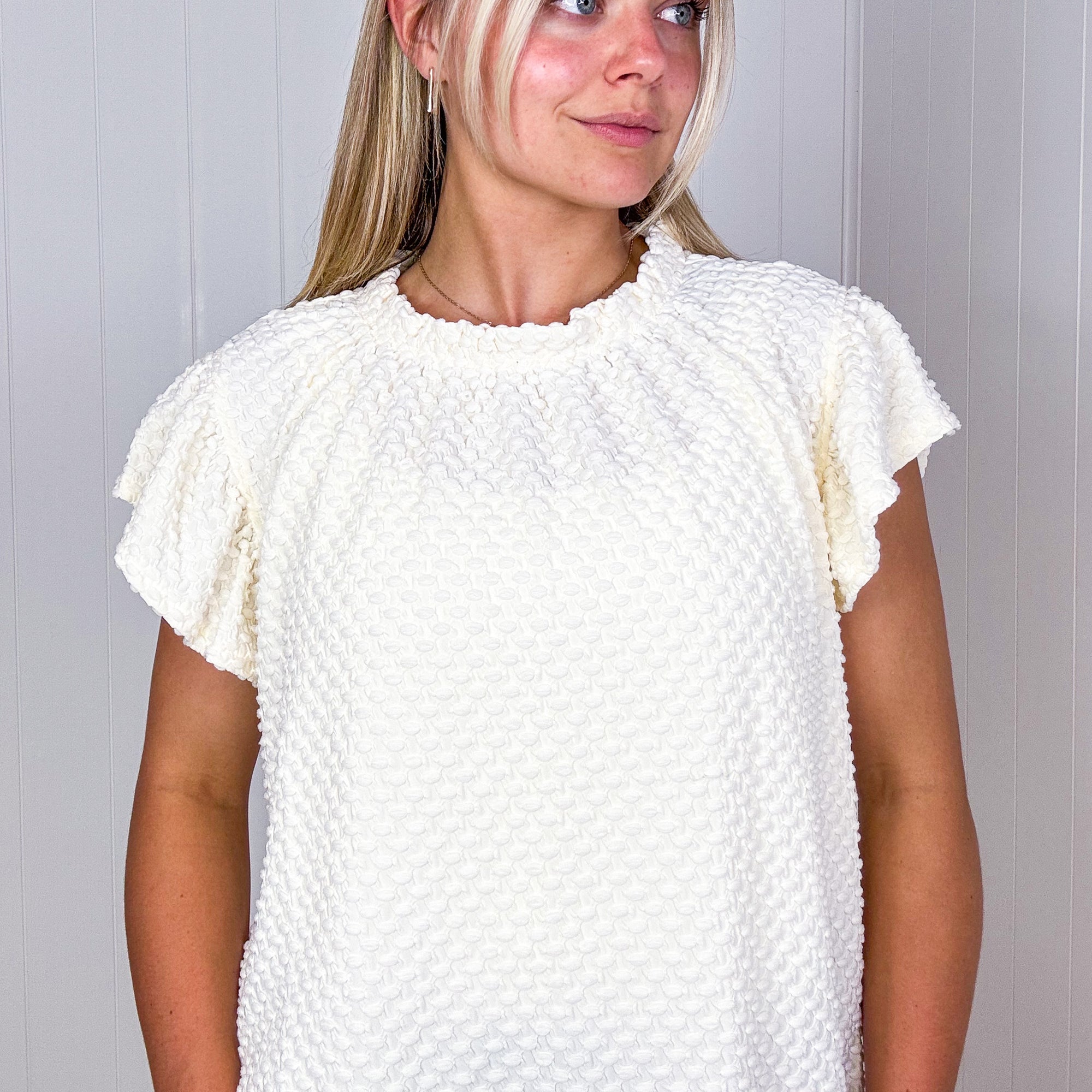 Sheek Soft Lightweight Bubble Ruffle Neck Short Sleeve Blouse in Cream - Boujee Boutique 