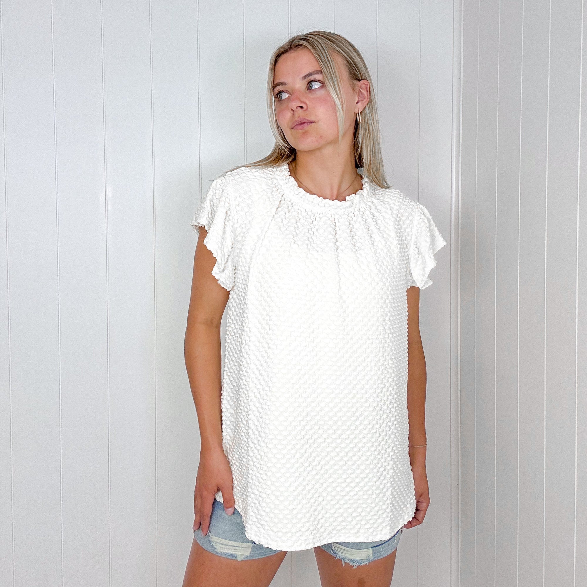 Sheek Soft Lightweight Bubble Ruffle Neck Short Sleeve Blouse in Cream - Boujee Boutique 