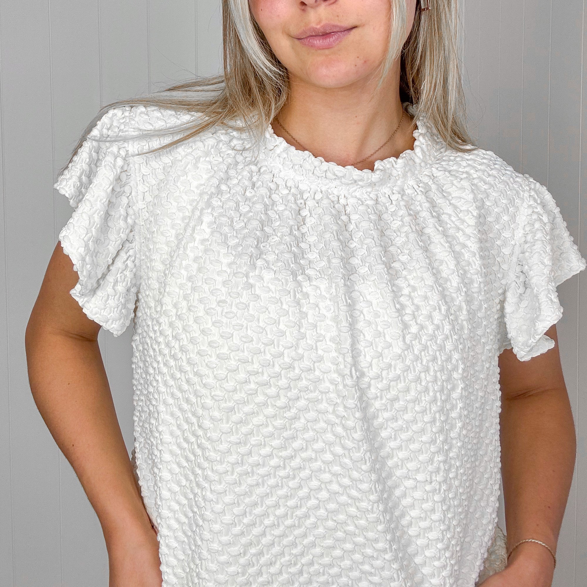 Sheek Soft Lightweight Bubble Ruffle Neck Short Sleeve Blouse in Cream - Boujee Boutique 