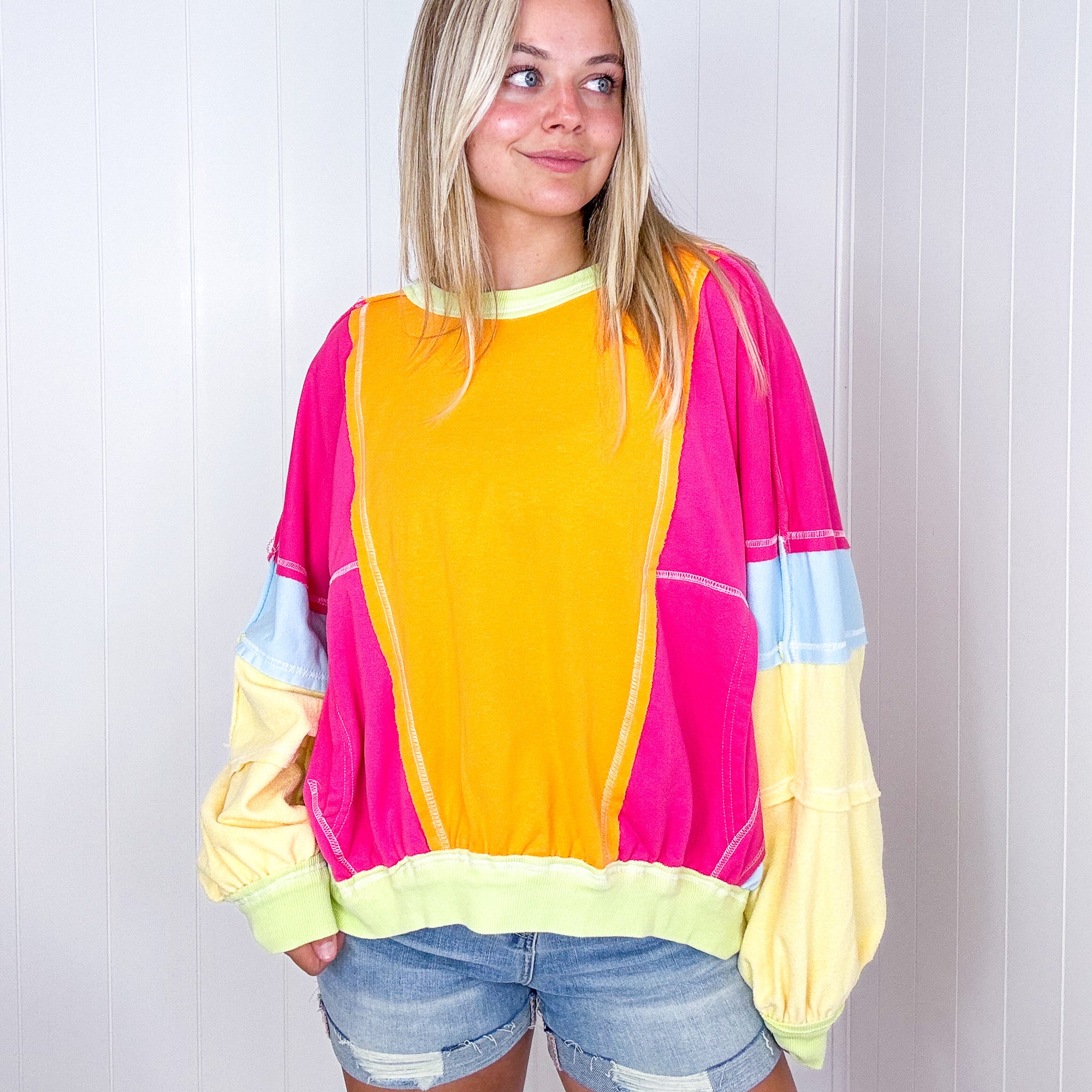 Cozy Sunset Fuchsia and Lime Balloon Washed Terry Long Sleeve Pullover - Boujee Boutique 