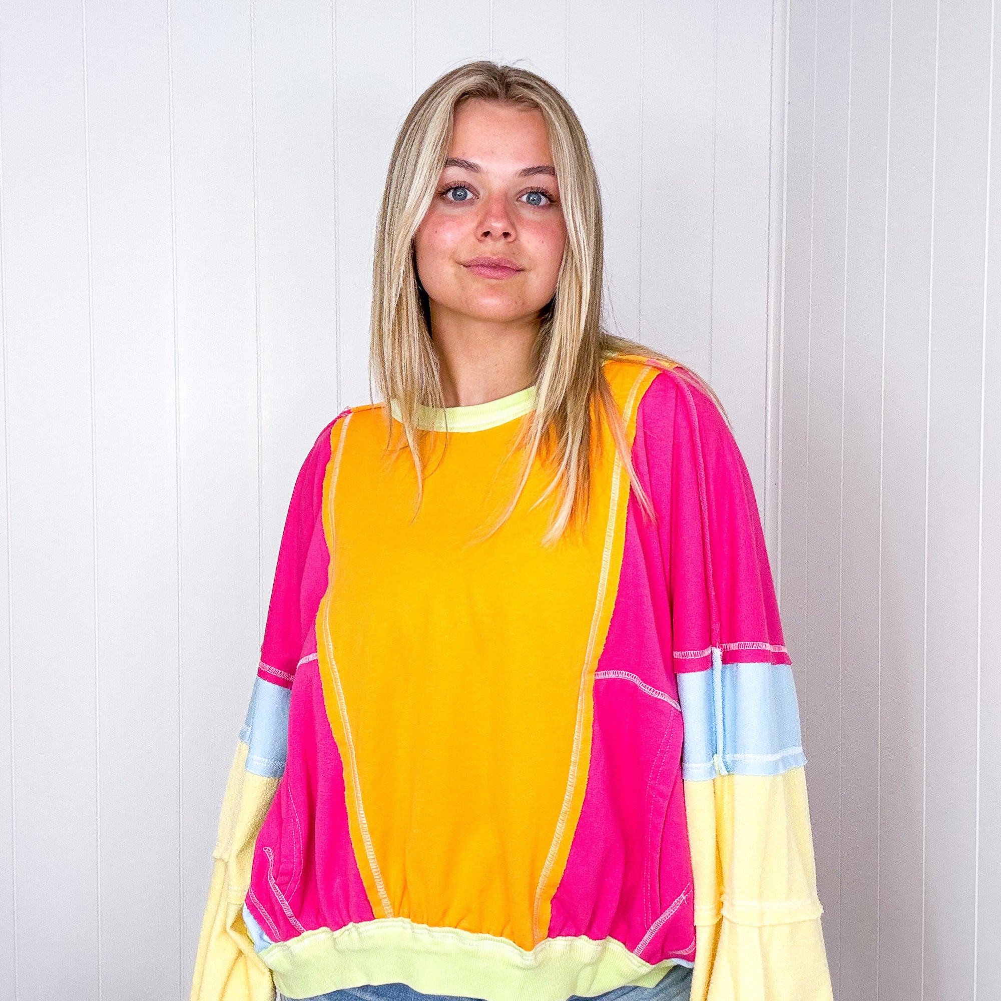 Cozy Sunset Fuchsia and Lime Balloon Washed Terry Long Sleeve Pullover - Boujee Boutique 