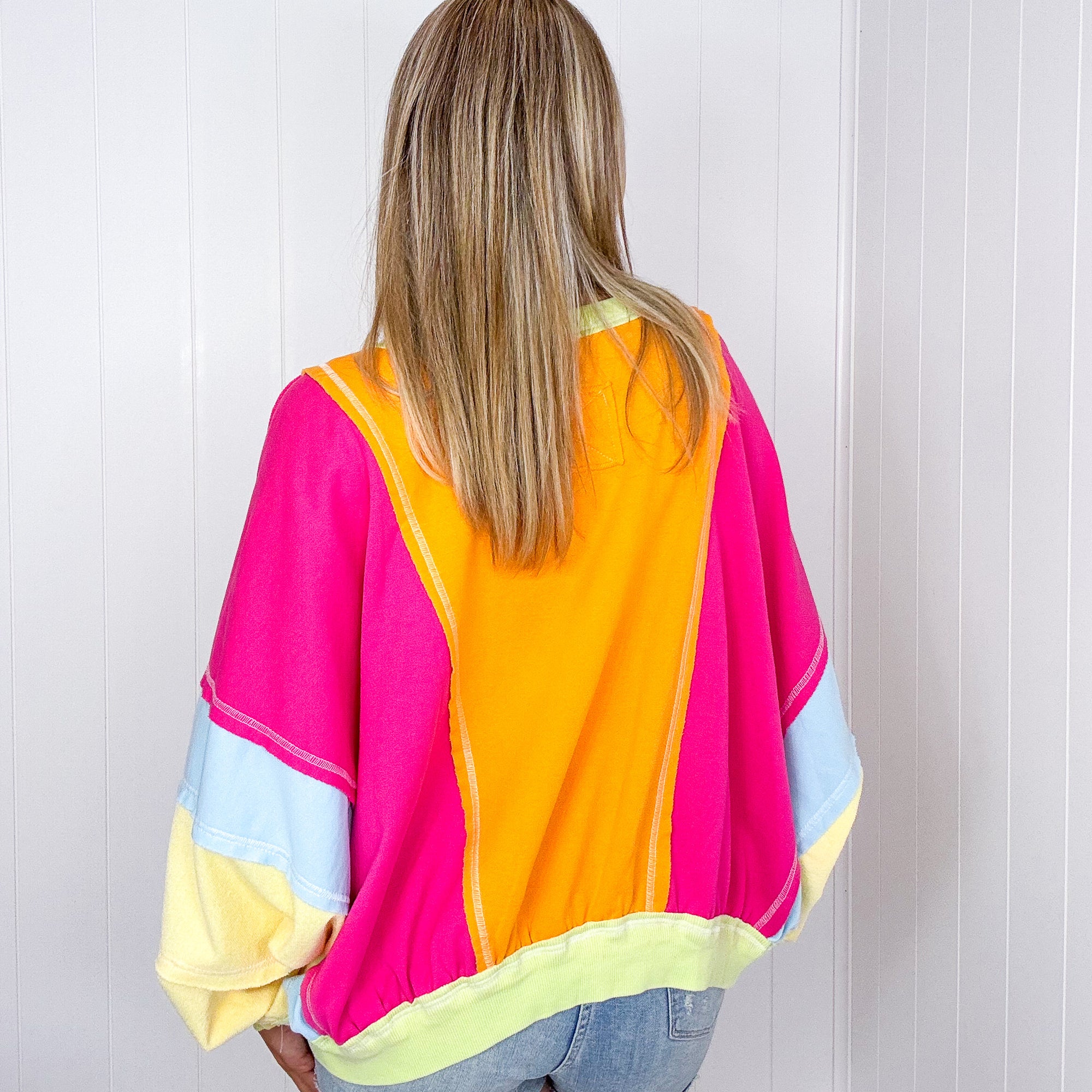 Cozy Sunset Fuchsia and Lime Balloon Washed Terry Long Sleeve Pullover - Boujee Boutique 