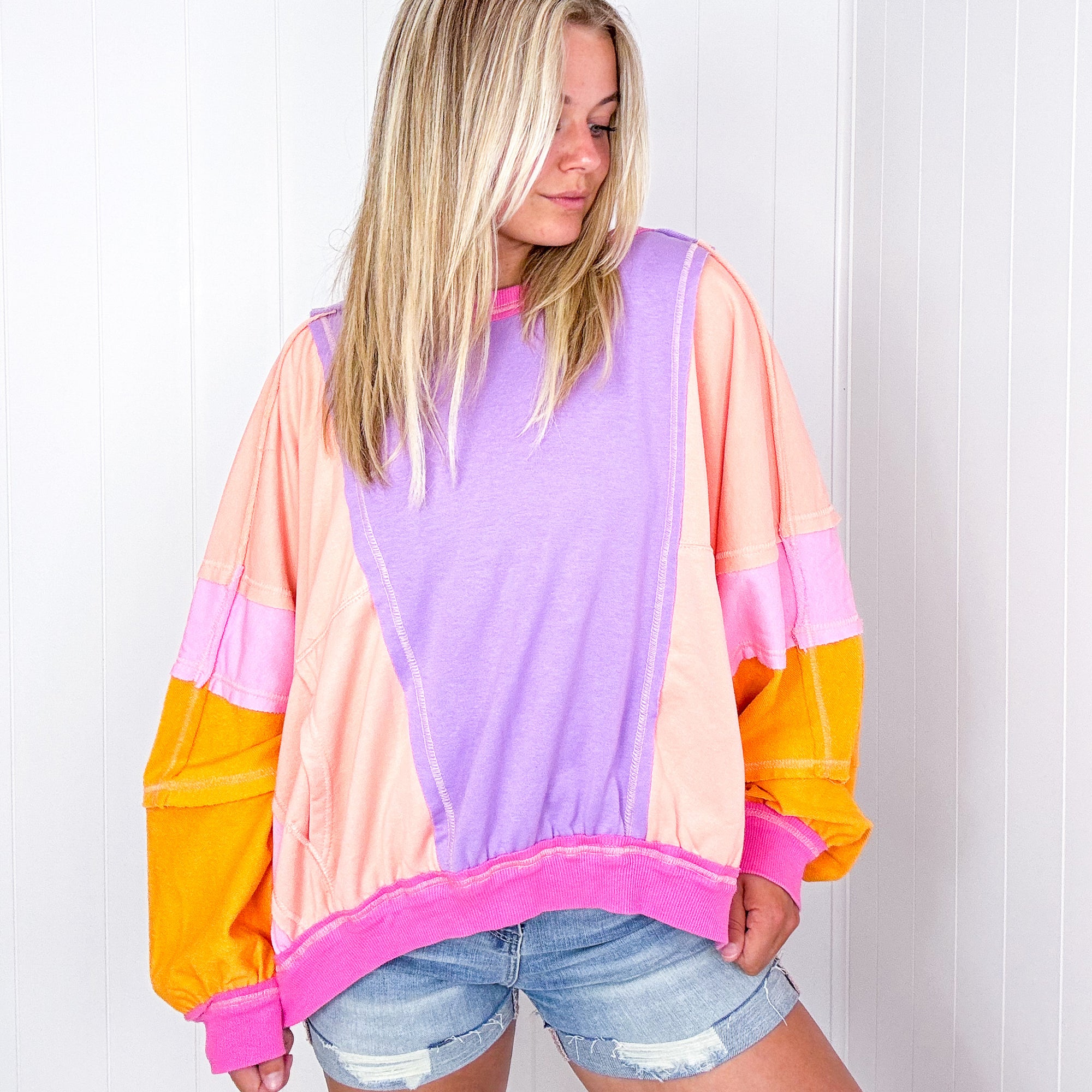 Cozy Sunset Lavender Peach Balloon Washed Terry Long Sleeve Pullover - Boujee Boutique 