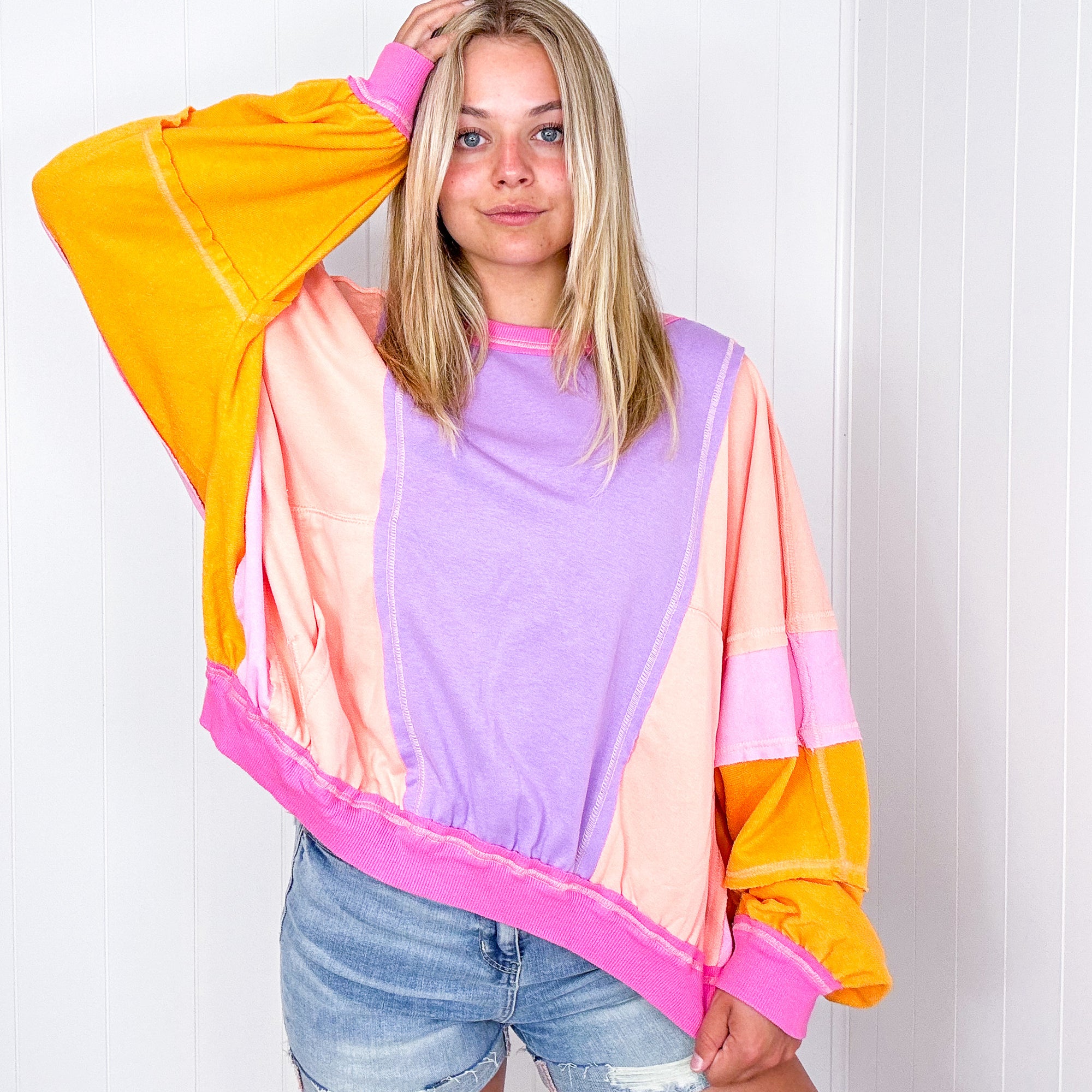 Cozy Sunset Lavender Peach Balloon Washed Terry Long Sleeve Pullover - Boujee Boutique 