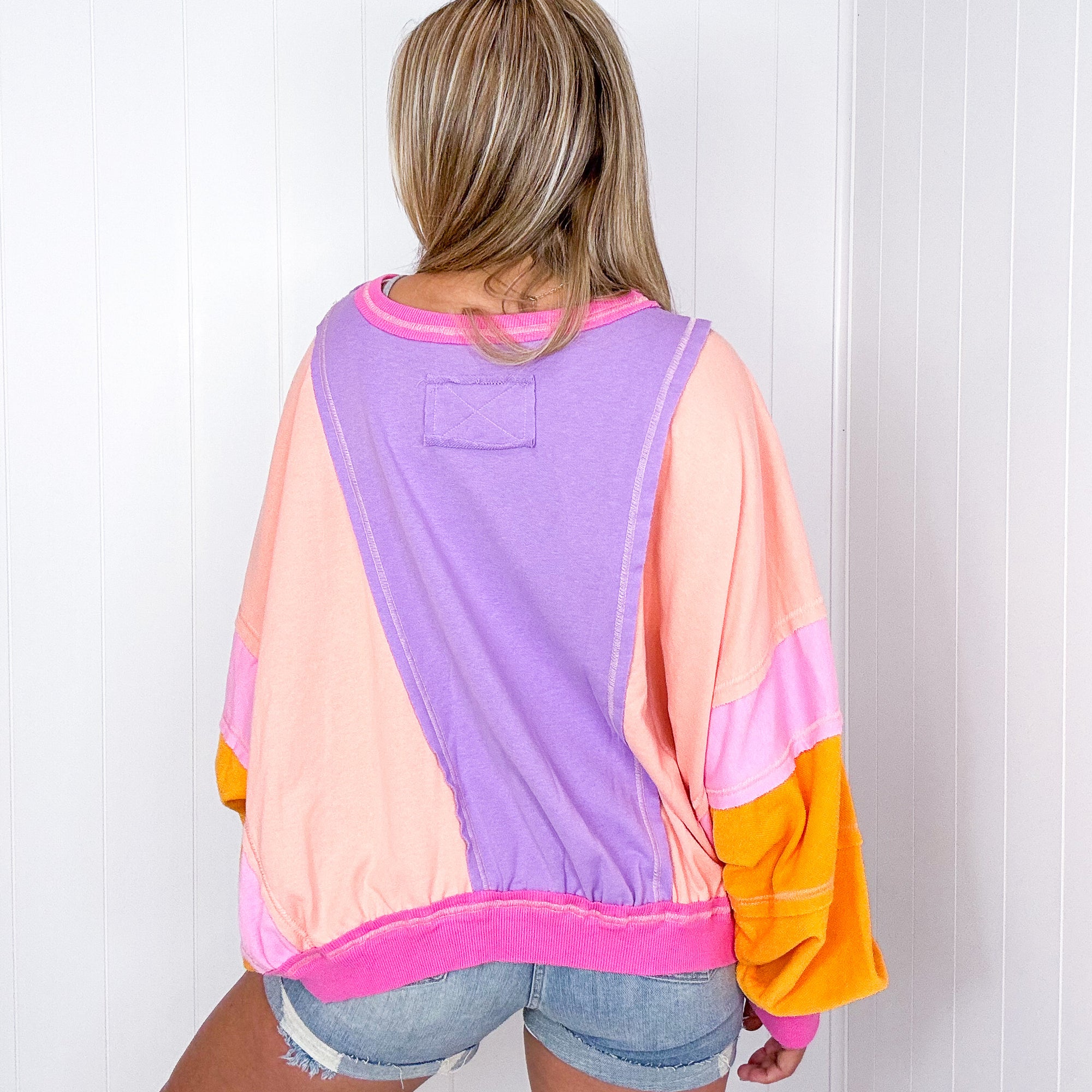 Cozy Sunset Lavender Peach Balloon Washed Terry Long Sleeve Pullover - Boujee Boutique 