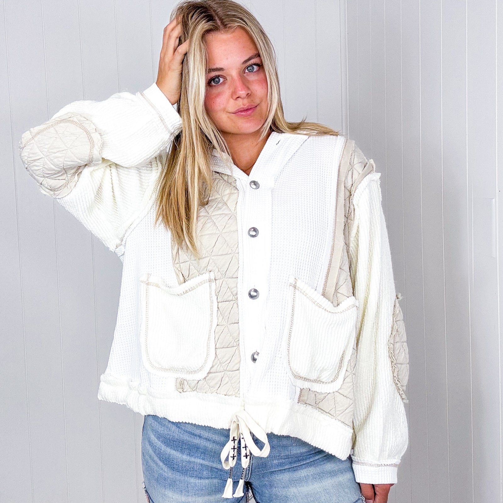 POL Keep it Casual Cream and Beige Waffle Knit and Puff Lightweight Hoodie Jacket - Boujee Boutique 