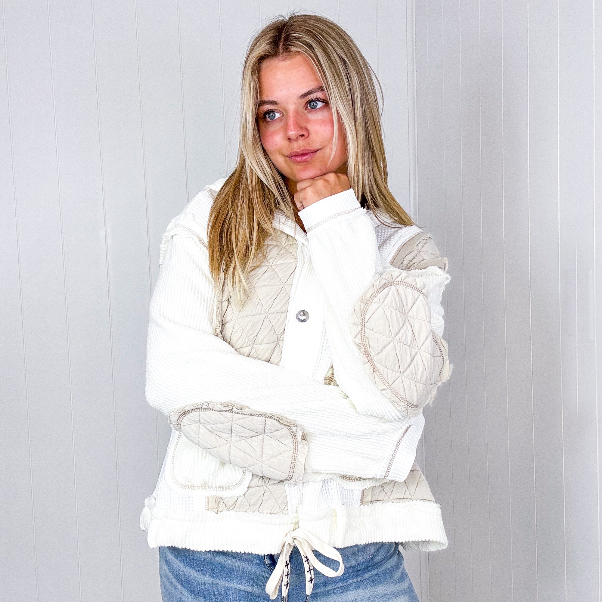 POL Keep it Casual Cream and Beige Waffle Knit and Puff Lightweight Hoodie Jacket - Boujee Boutique 