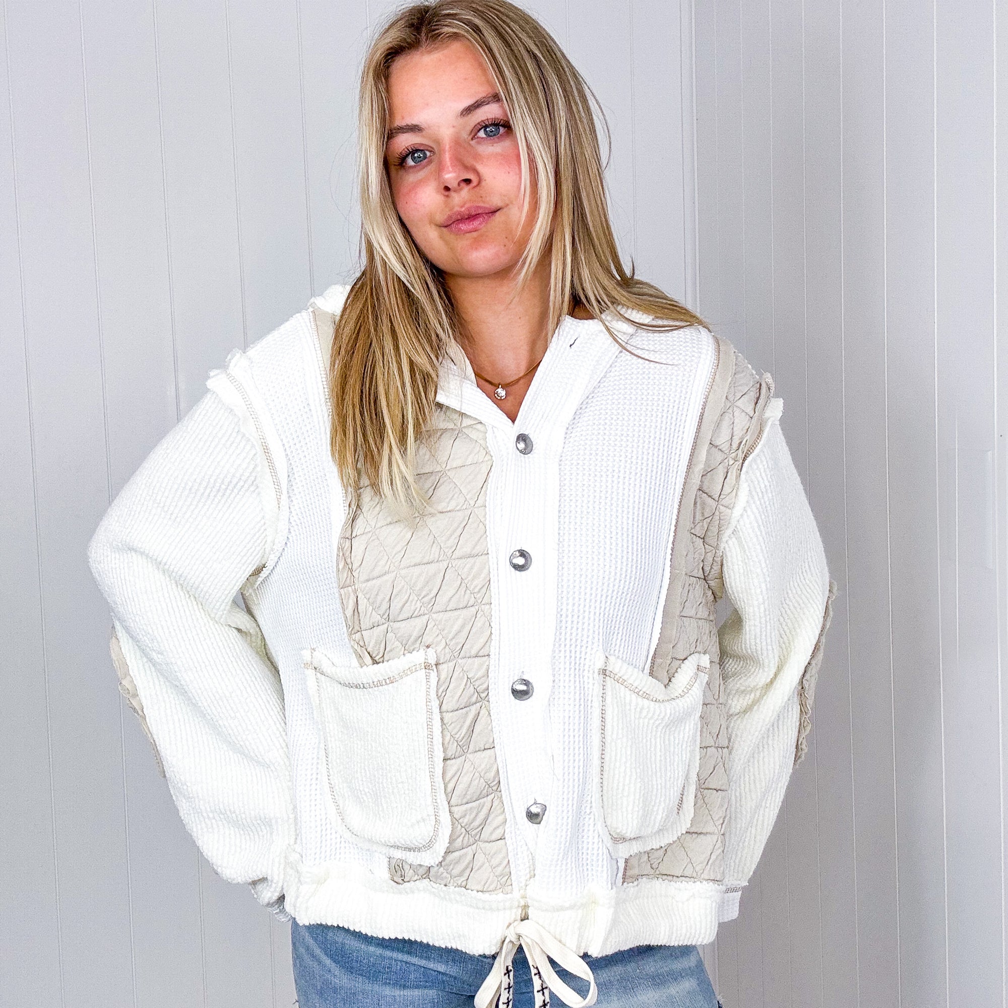 POL Keep it Casual Cream and Beige Waffle Knit and Puff Lightweight Hoodie Jacket - Boujee Boutique 