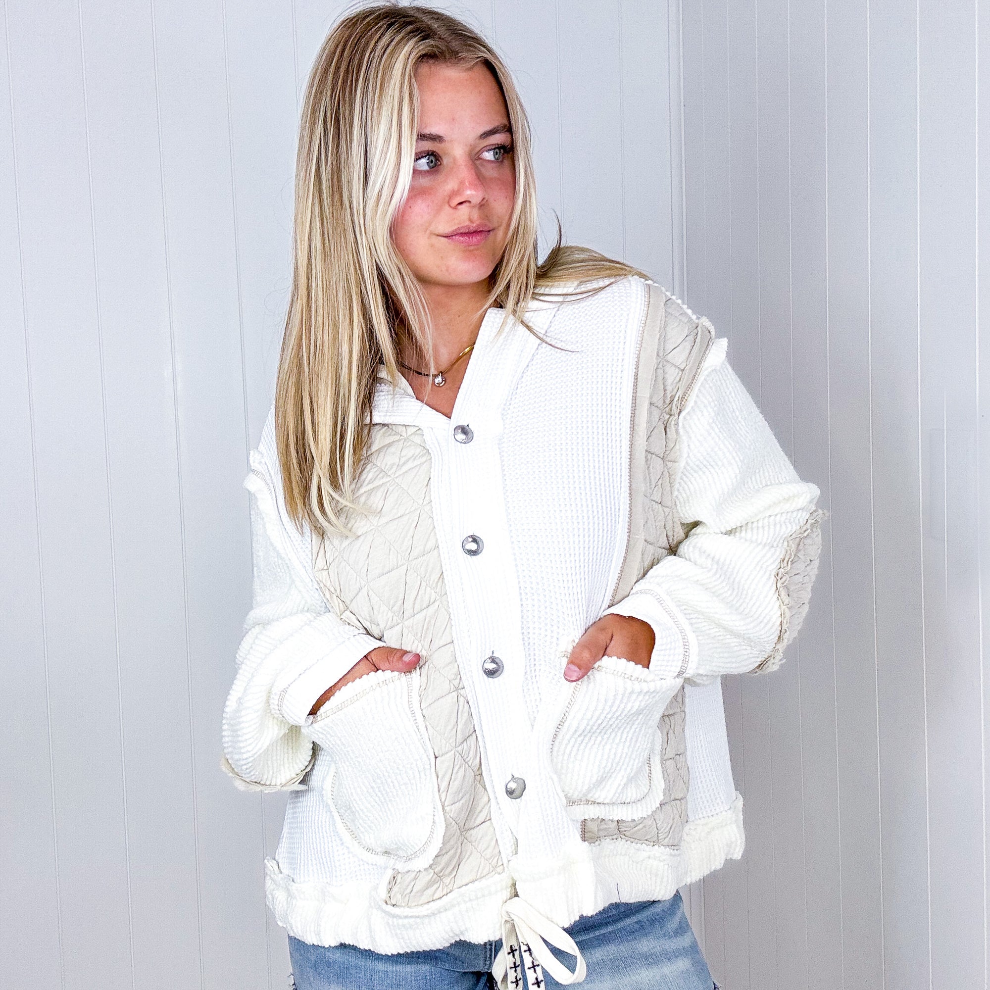 POL Keep it Casual Cream and Beige Waffle Knit and Puff Lightweight Hoodie Jacket - Boujee Boutique 