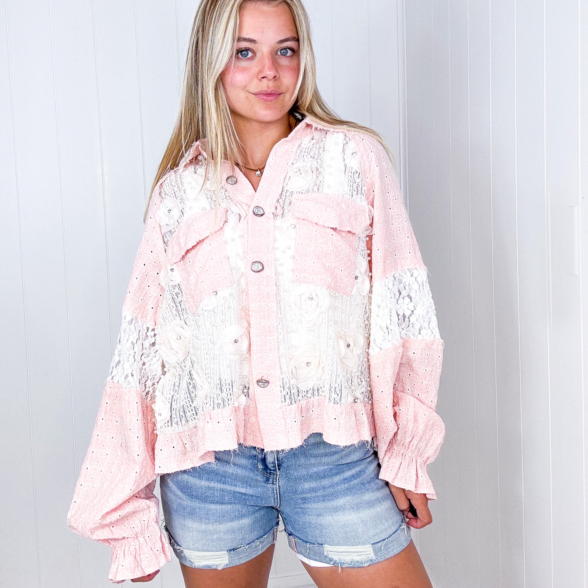 Pol Blush Annabelle Pearly Floral Lace Button Down Jacket - Boujee Boutique 