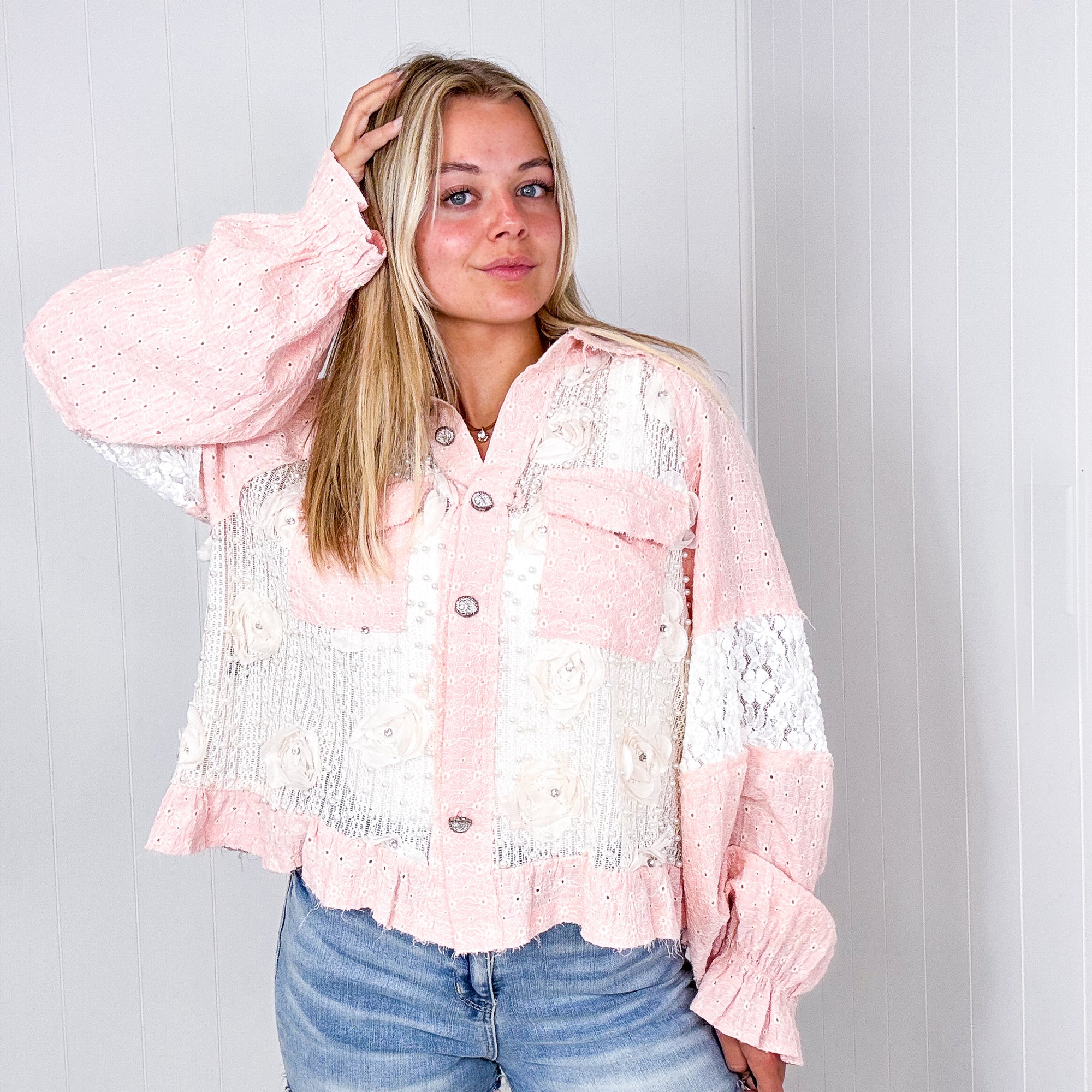 Pol Blush Annabelle Pearly Floral Lace Button Down Jacket - Boujee Boutique 