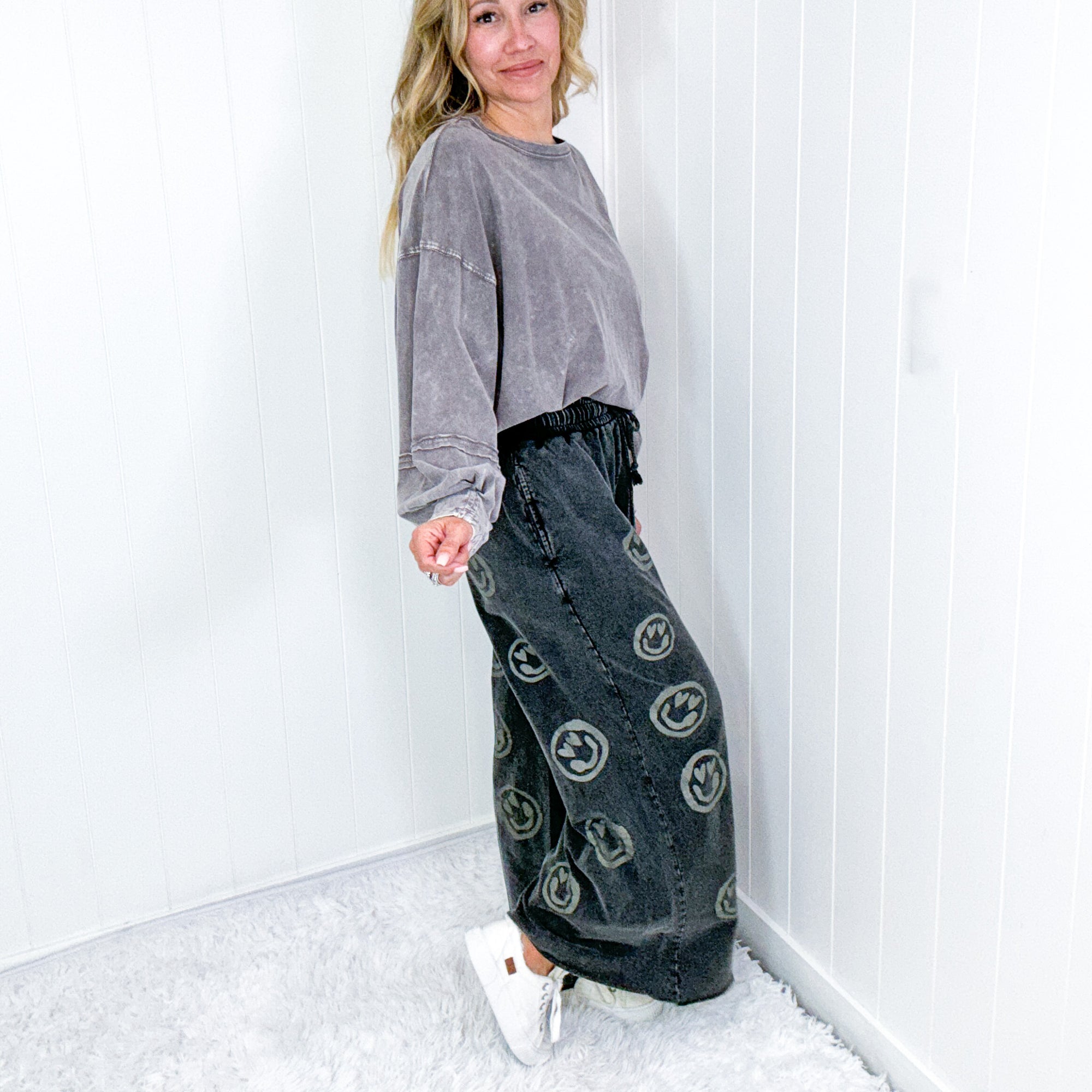 Be Happy Cropped Wide Leg Raw Hem Palazzo Pants in Washed Black - Boujee Boutique 