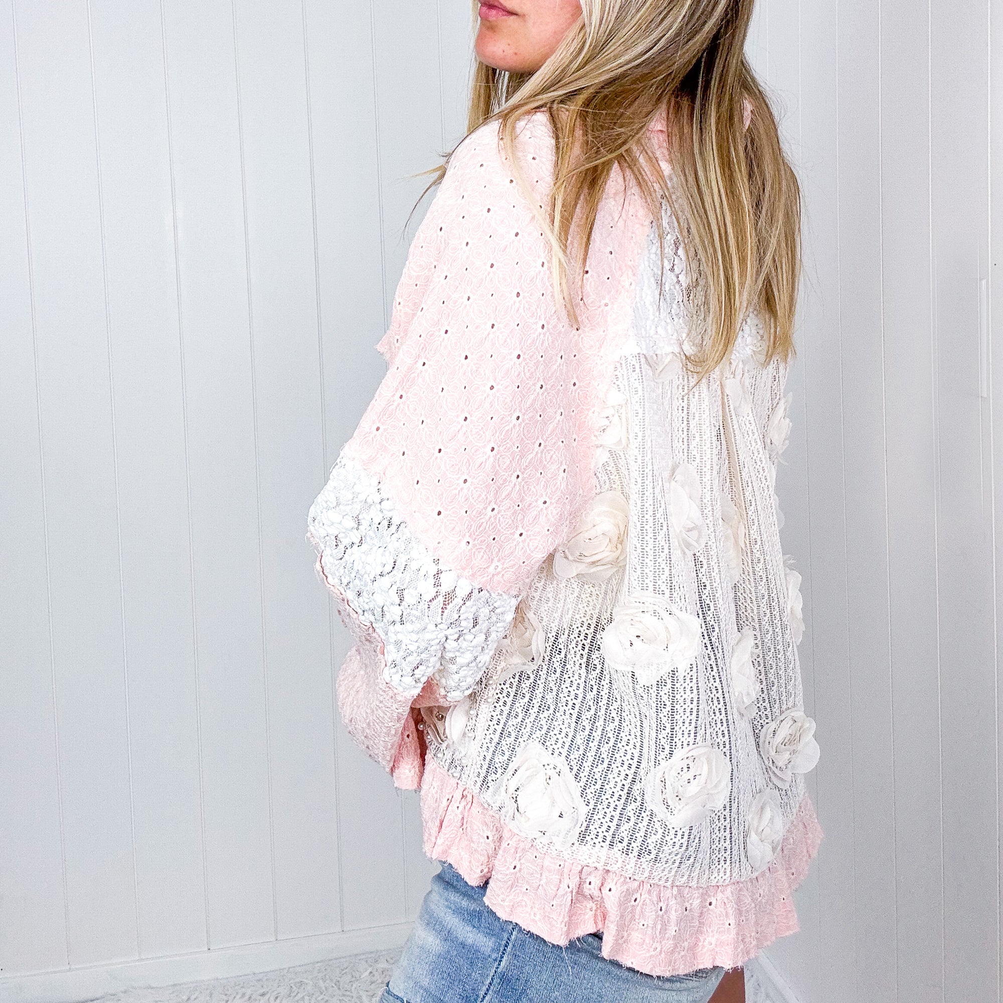 Pol Blush Annabelle Pearly Floral Lace Button Down Jacket - Boujee Boutique 