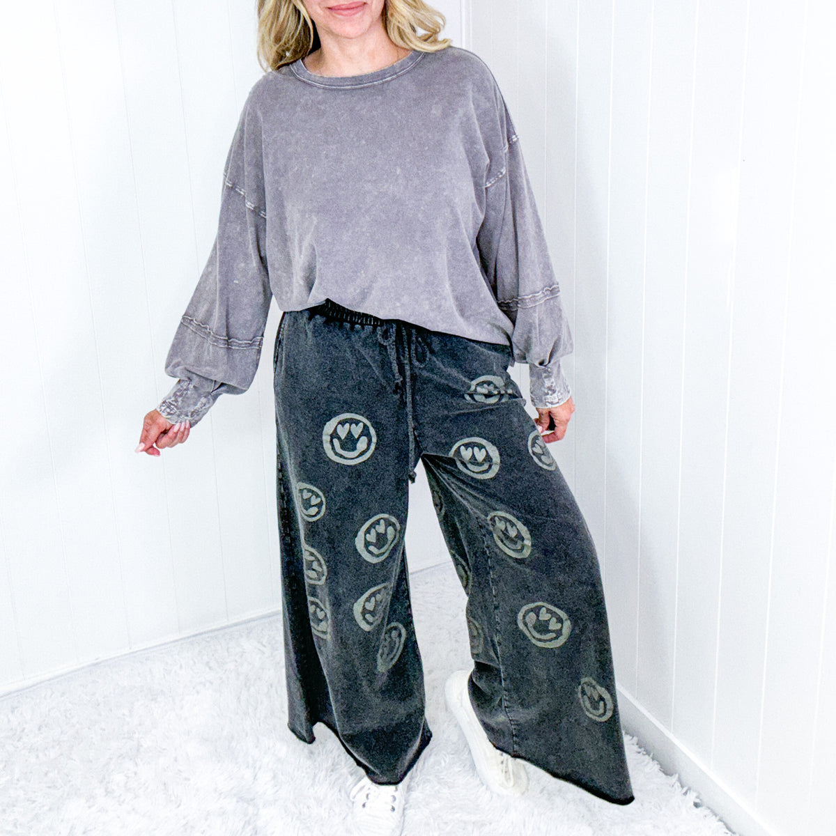 Be Happy Cropped Wide Leg Raw Hem Palazzo Pants in Washed Black - Boujee Boutique 