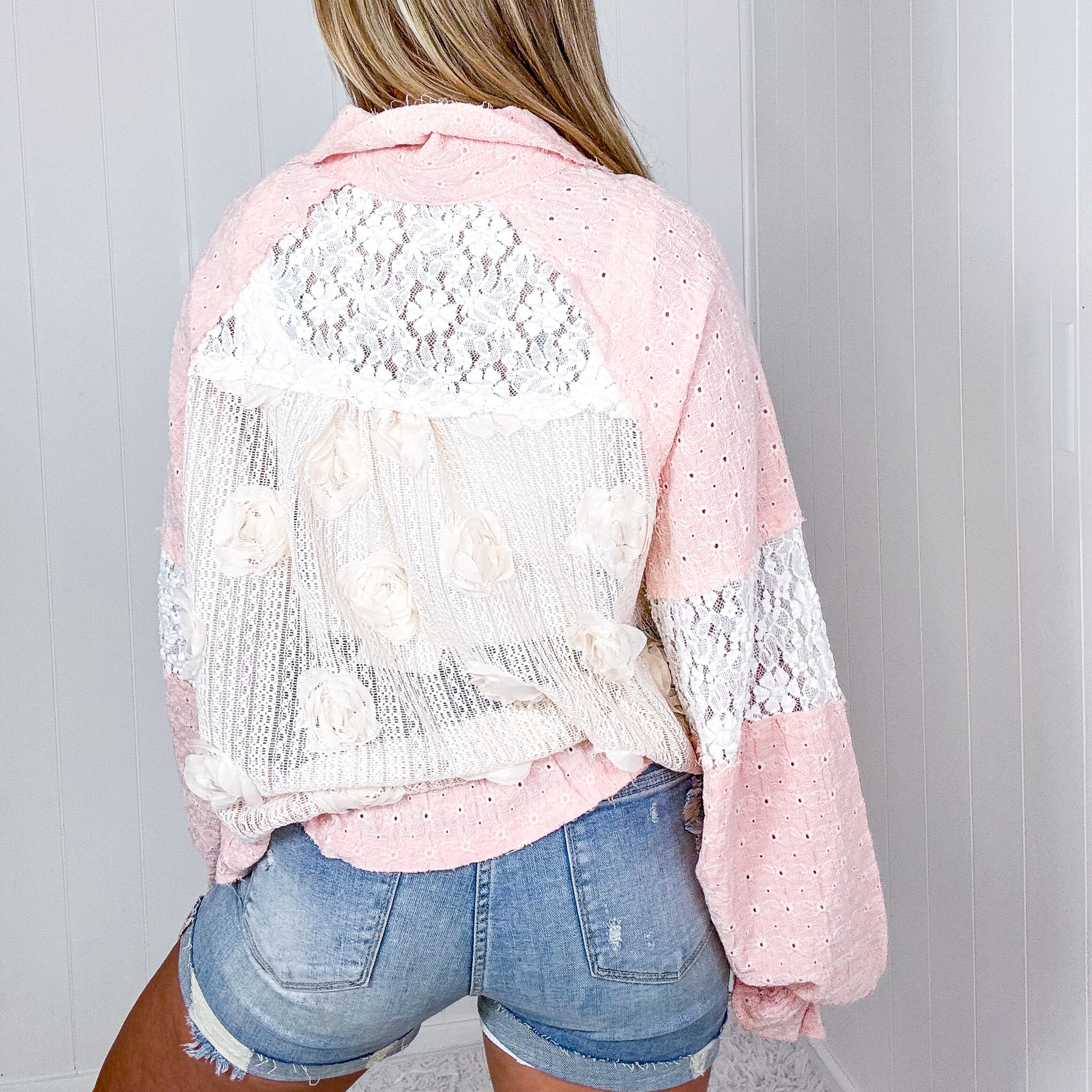 Pol Blush Annabelle Pearly Floral Lace Button Down Jacket - Boujee Boutique 