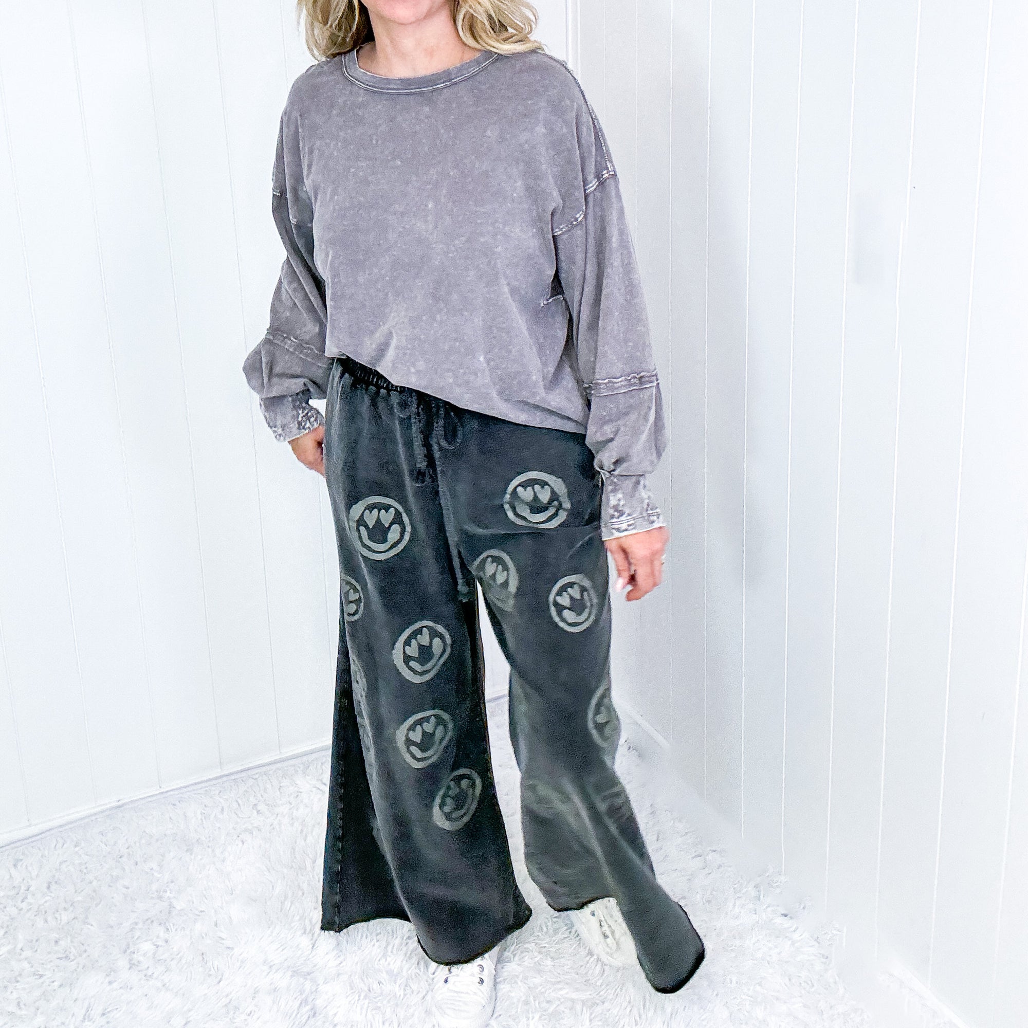 Be Happy Cropped Wide Leg Raw Hem Palazzo Pants in Washed Black - Boujee Boutique 