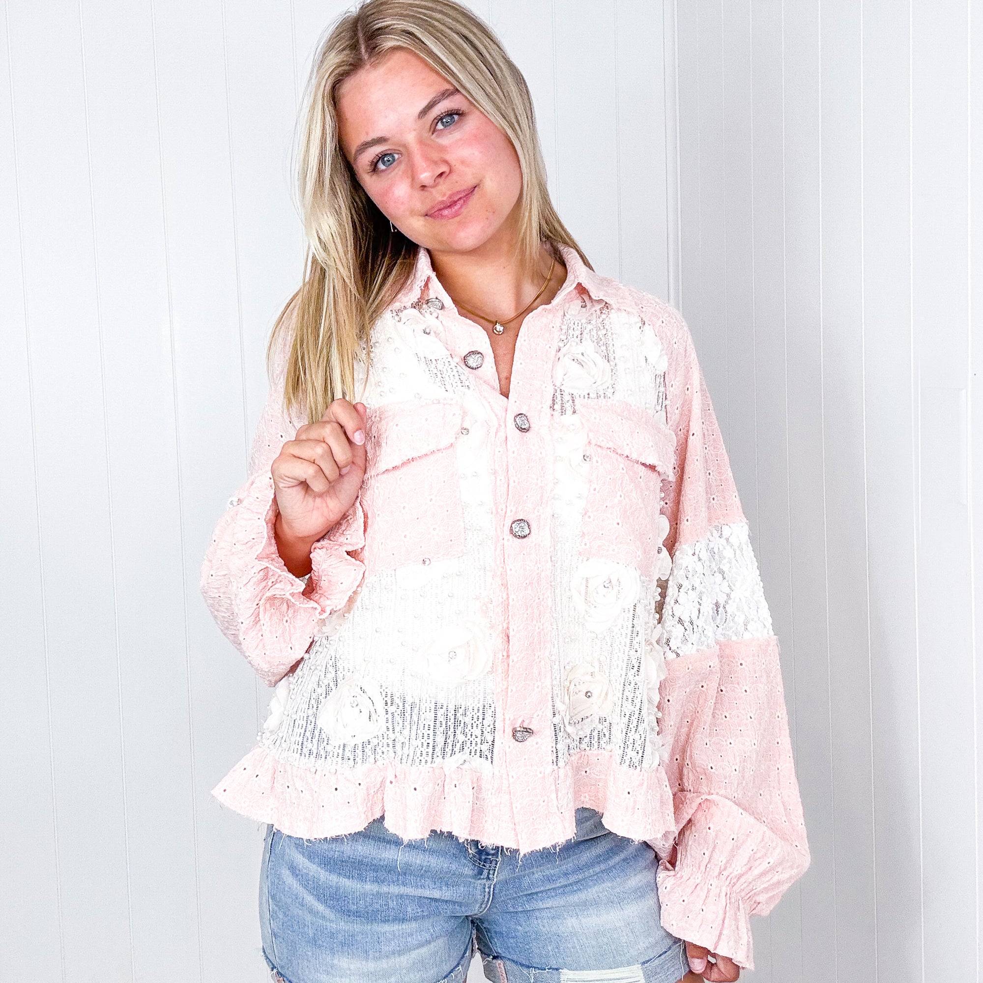 Pol Blush Annabelle Pearly Floral Lace Button Down Jacket - Boujee Boutique 