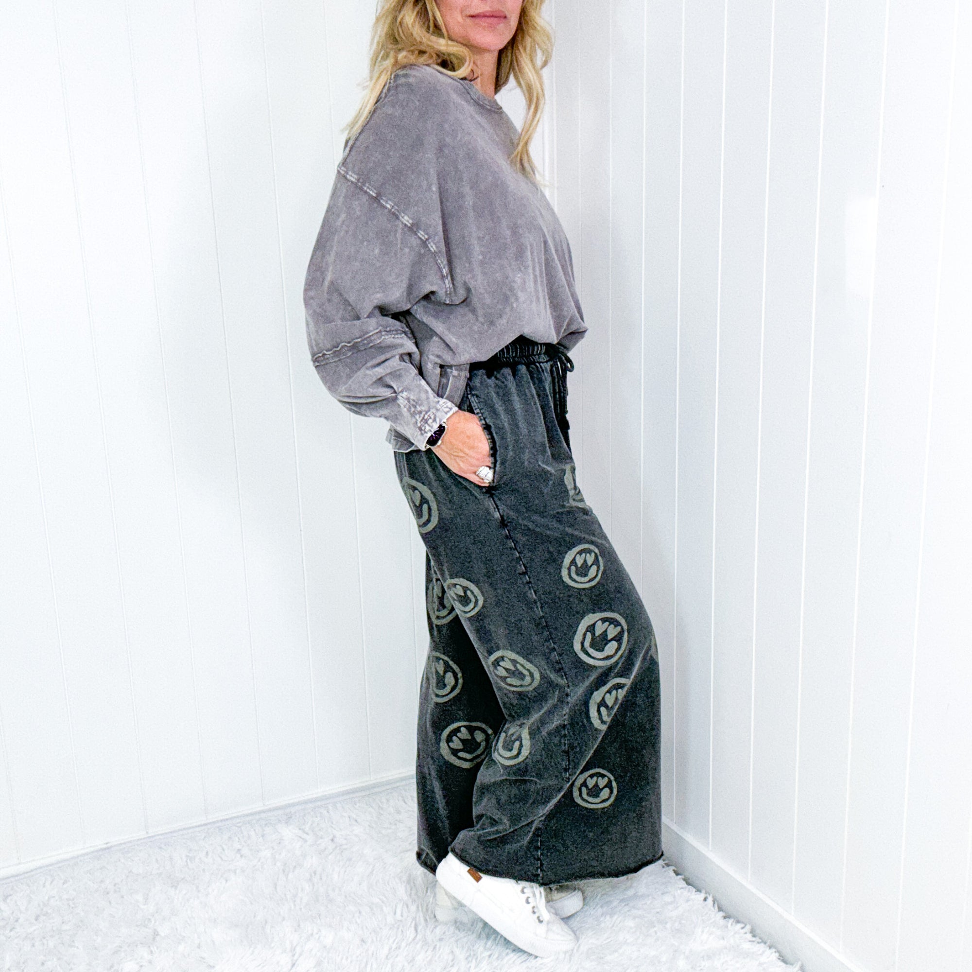 Be Happy Cropped Wide Leg Raw Hem Palazzo Pants in Washed Black - Boujee Boutique 