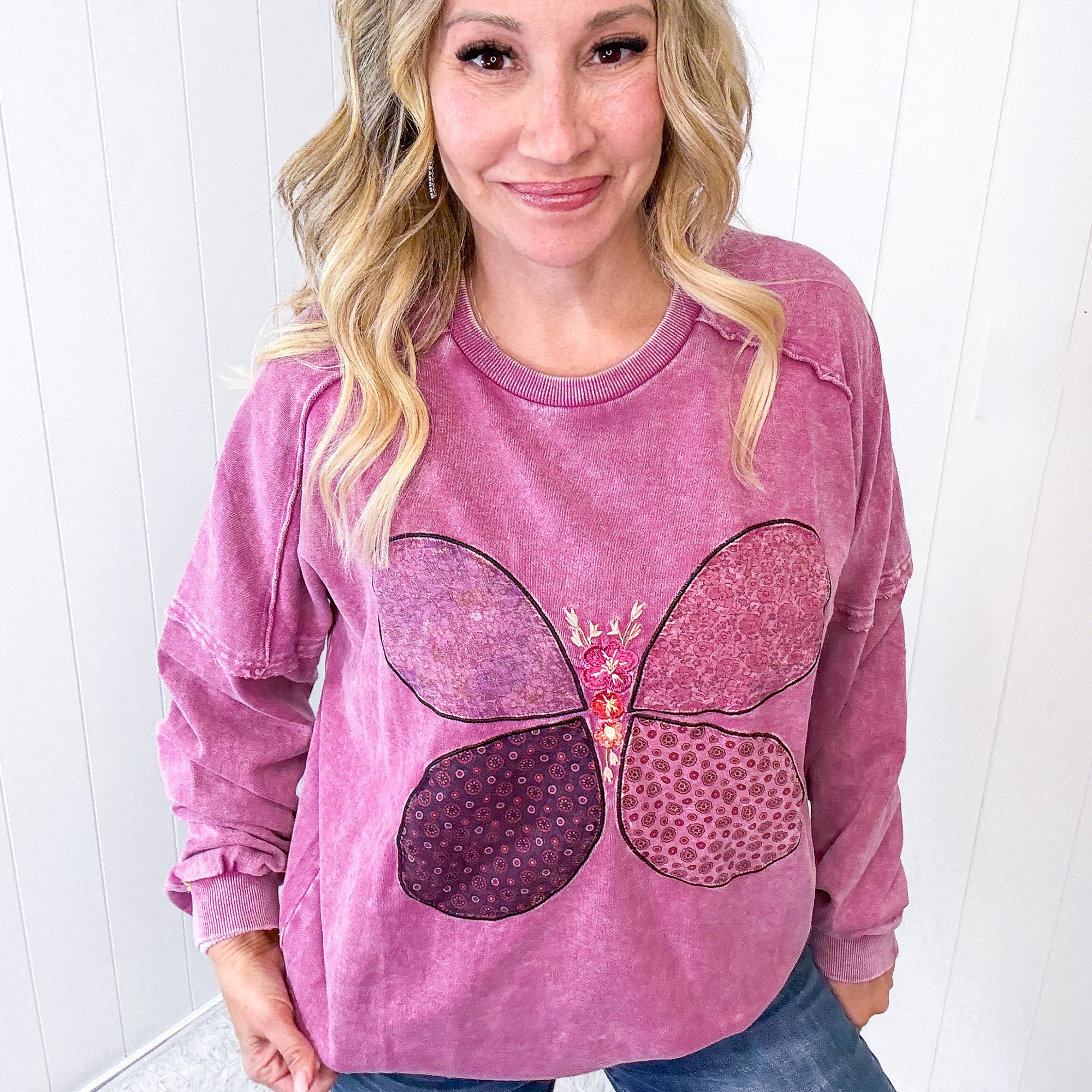 Boho Butterfly Patch and Embroidered Long Sleeve Knit Top In 3 Options