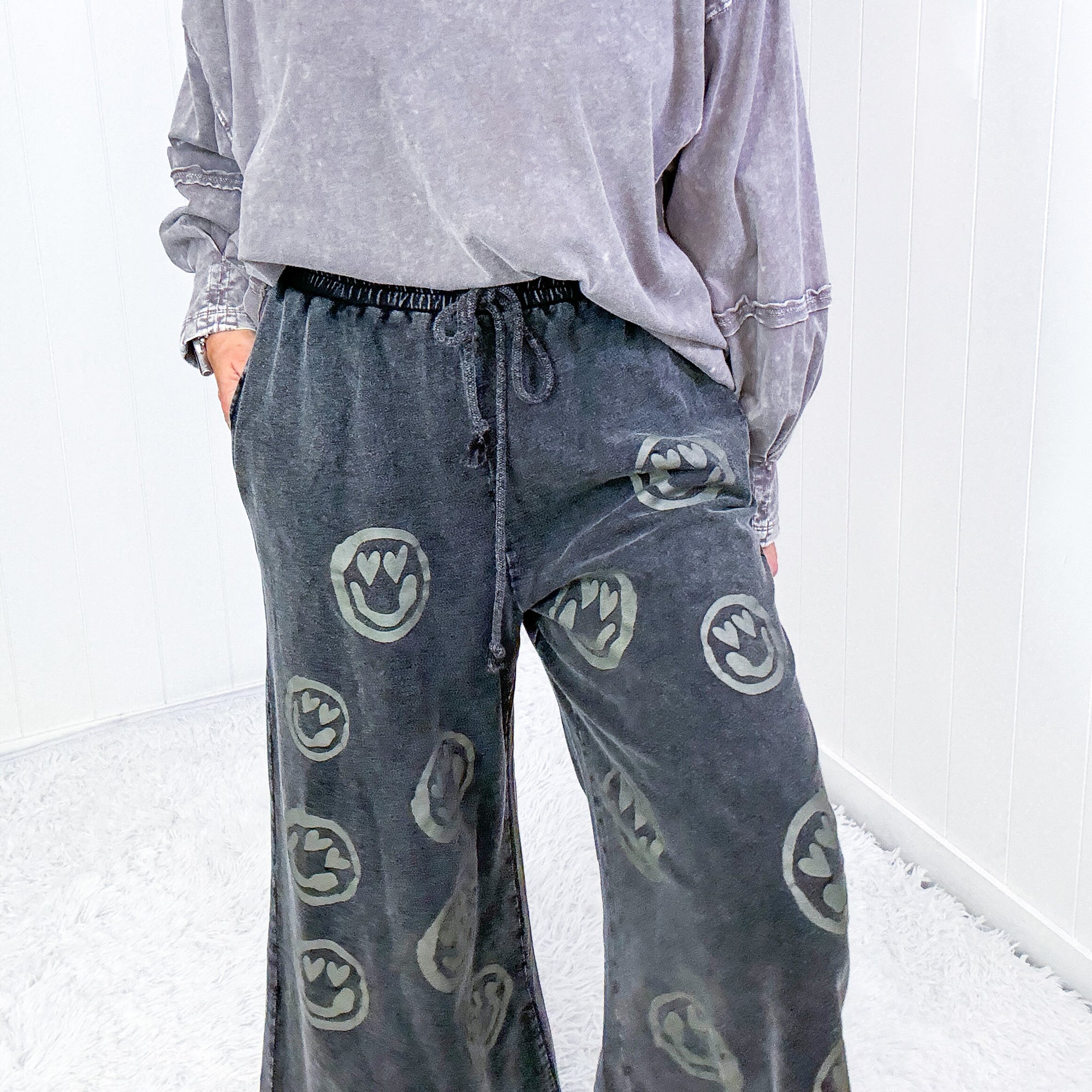 Be Happy Cropped Wide Leg Raw Hem Palazzo Pants in Washed Black - Boujee Boutique 