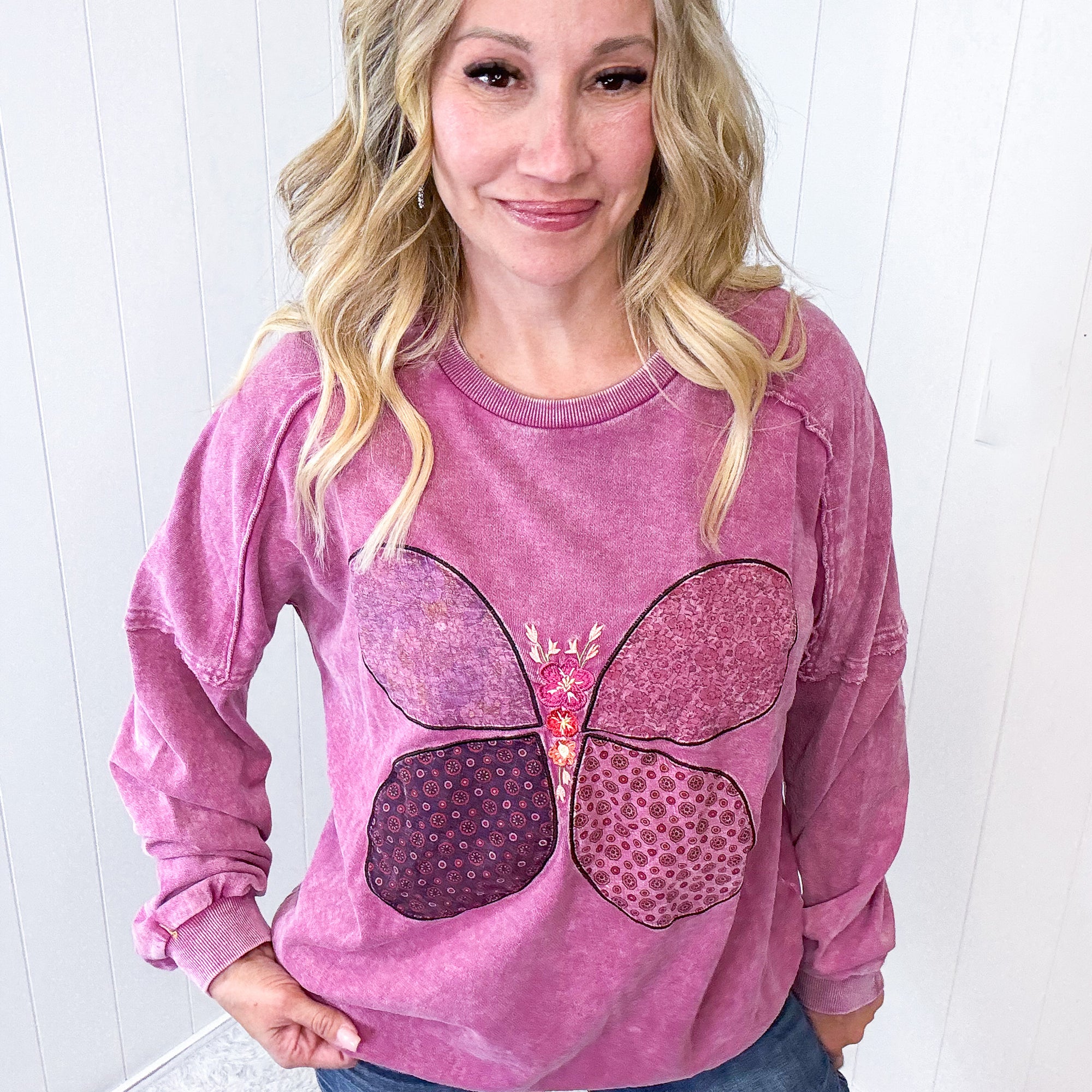 Boho Butterfly Patch and Embroidered Long Sleeve Knit Top In 3 Options