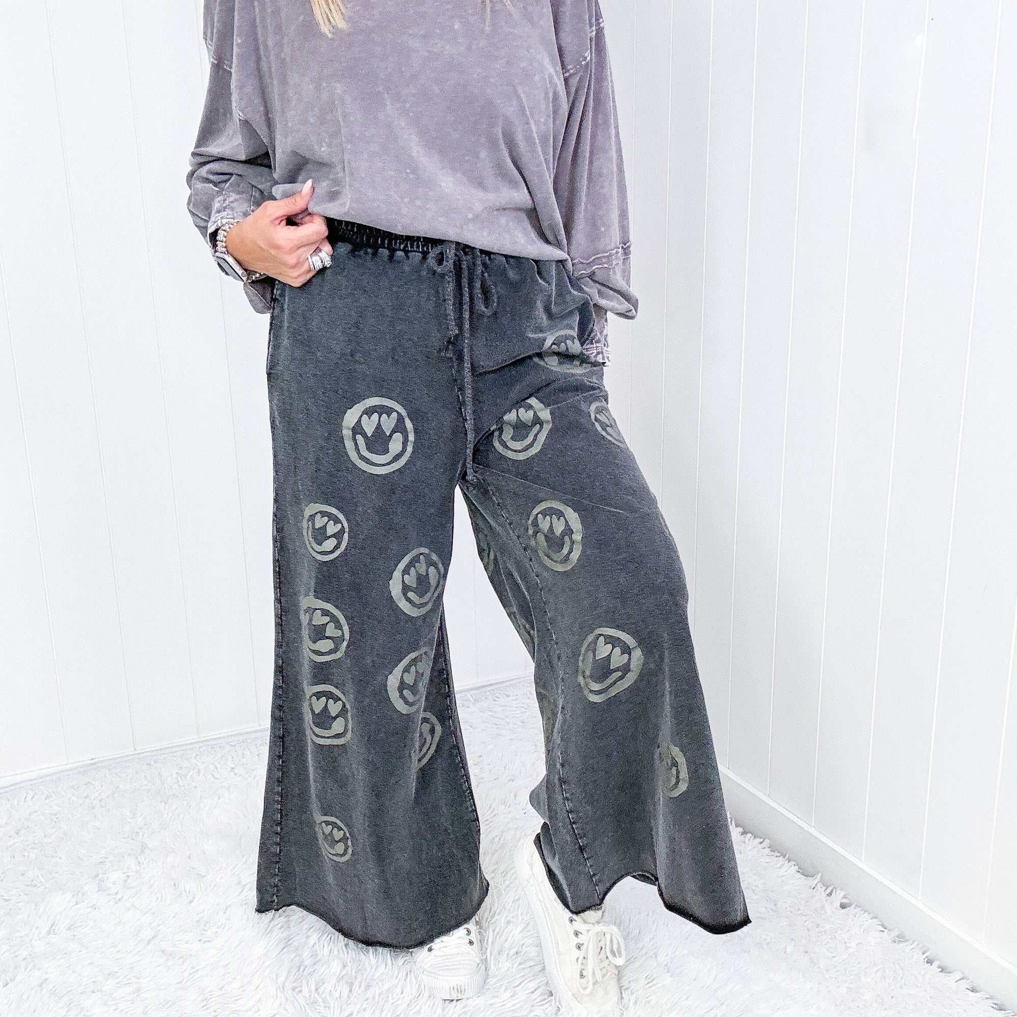 Be Happy Cropped Wide Leg Raw Hem Palazzo Pants in Washed Black - Boujee Boutique 