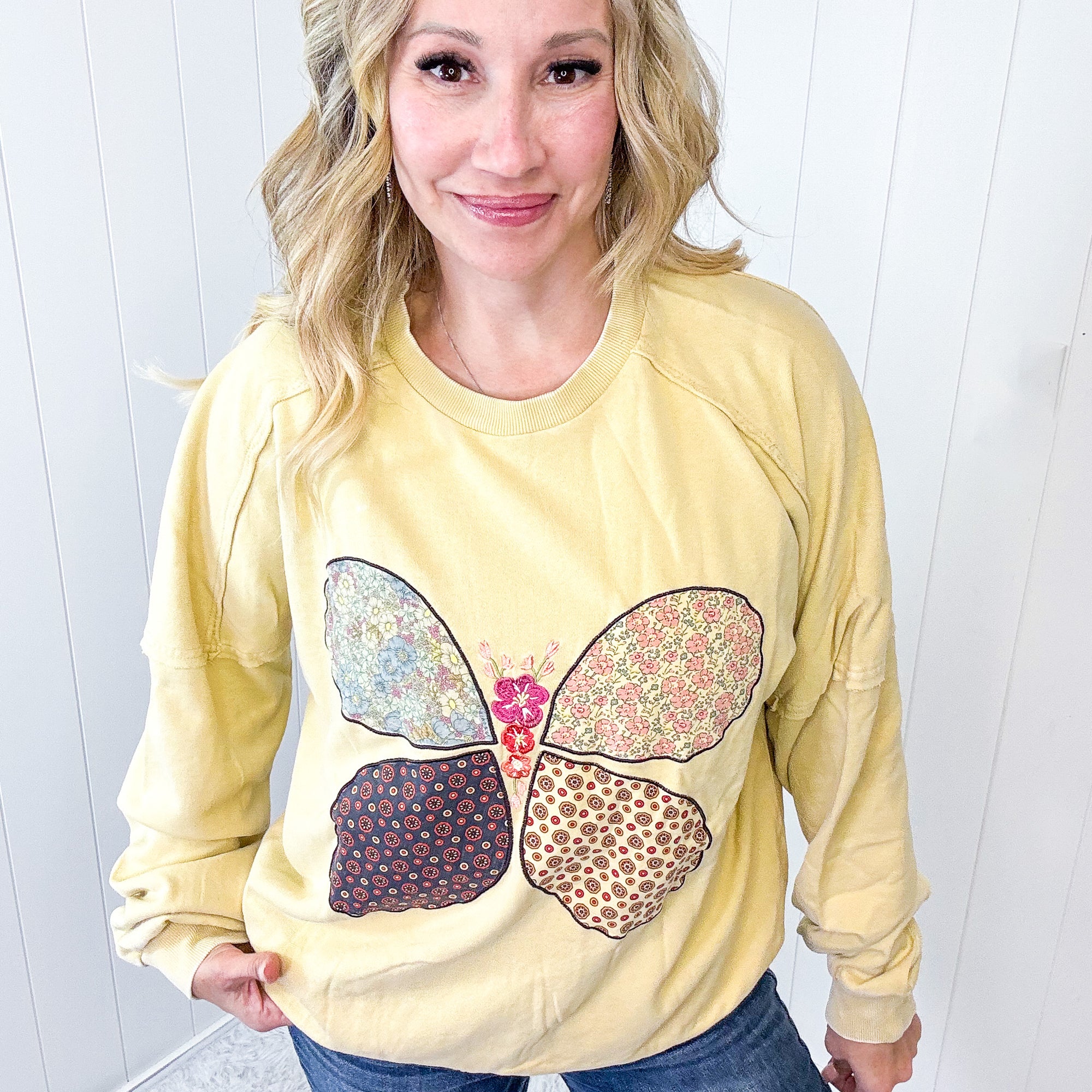 Boho Butterfly Patch and Embroidered Long Sleeve Knit Top In 3 Options