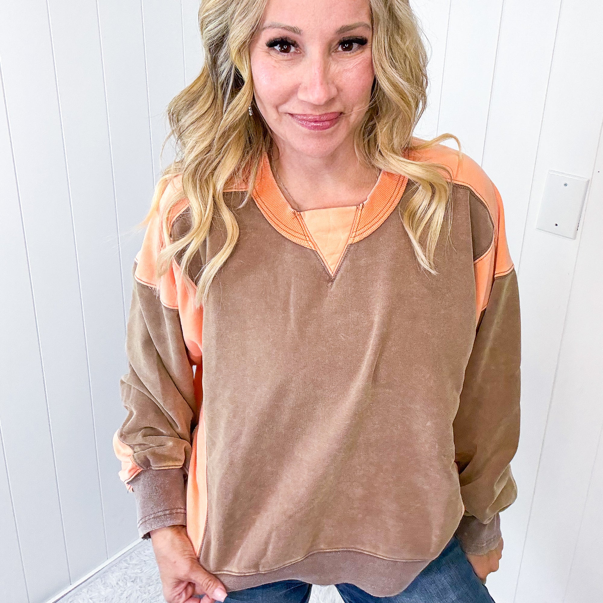 Tell A Story Color Block Washed Terry Long Sleeve Pullover In 2 Options