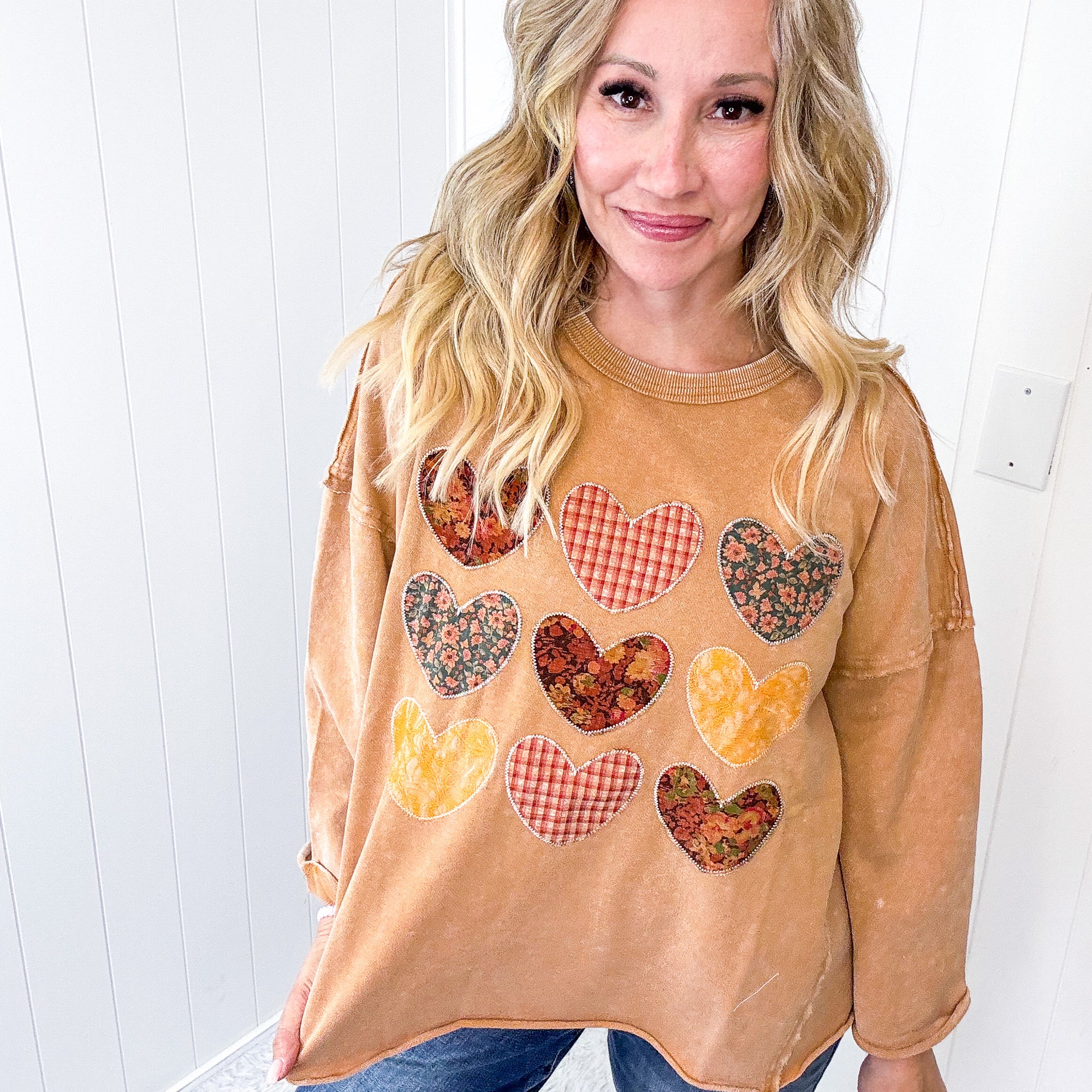 All Hearts Aglow Mineral Wash Patch Terry Knit Pullover In 3 Options