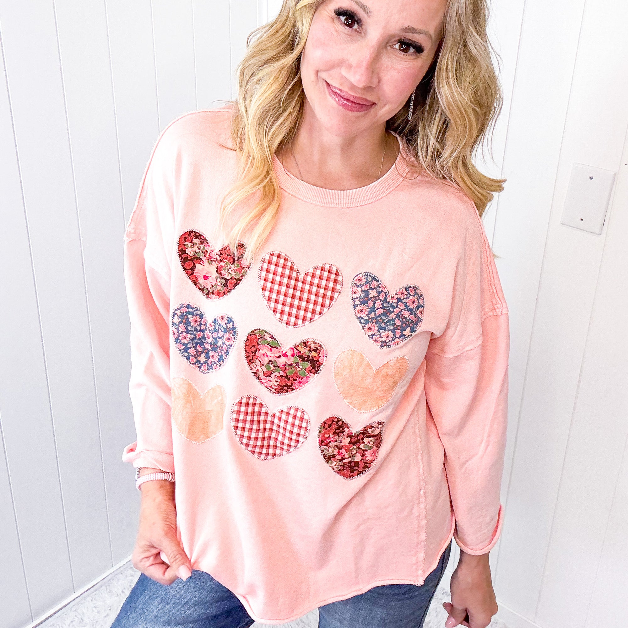 All Hearts Aglow Mineral Wash Patch Terry Knit Pullover In 3 Options