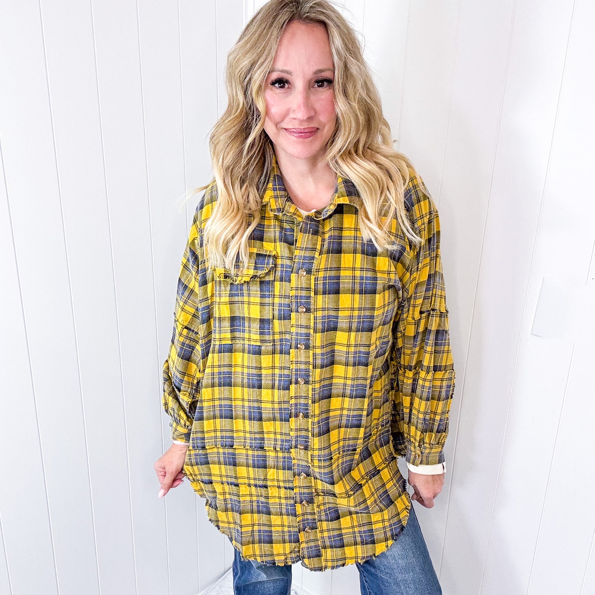 Effortless Edge Frayed Plaid Longline Button Up Top In Mustard