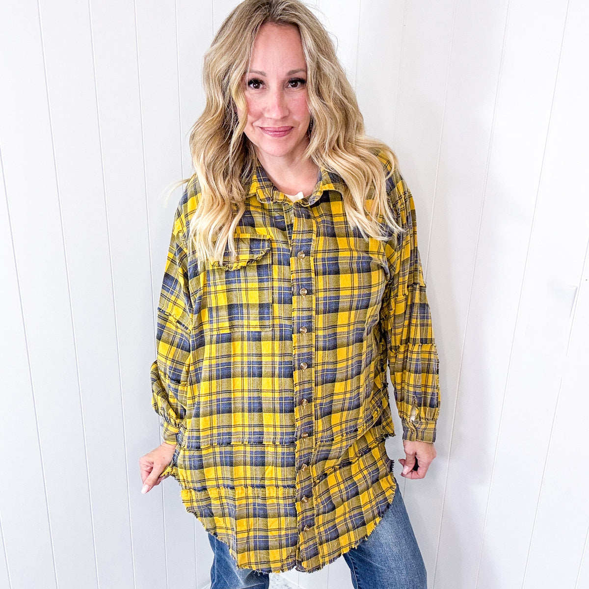 Effortless Edge Frayed Plaid Longline Button Up Top In Mustard