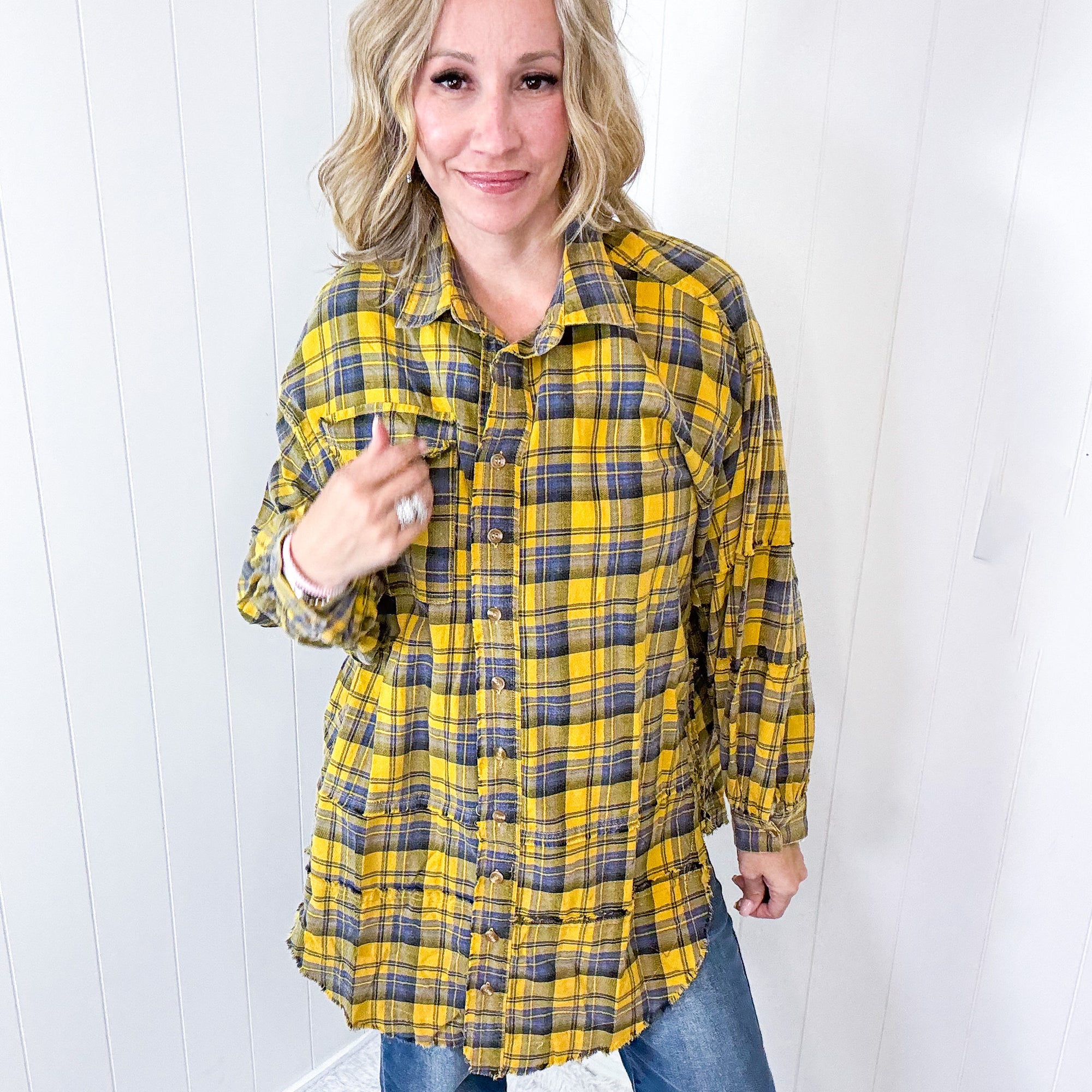 Effortless Edge Frayed Plaid Longline Button Up Top In Mustard