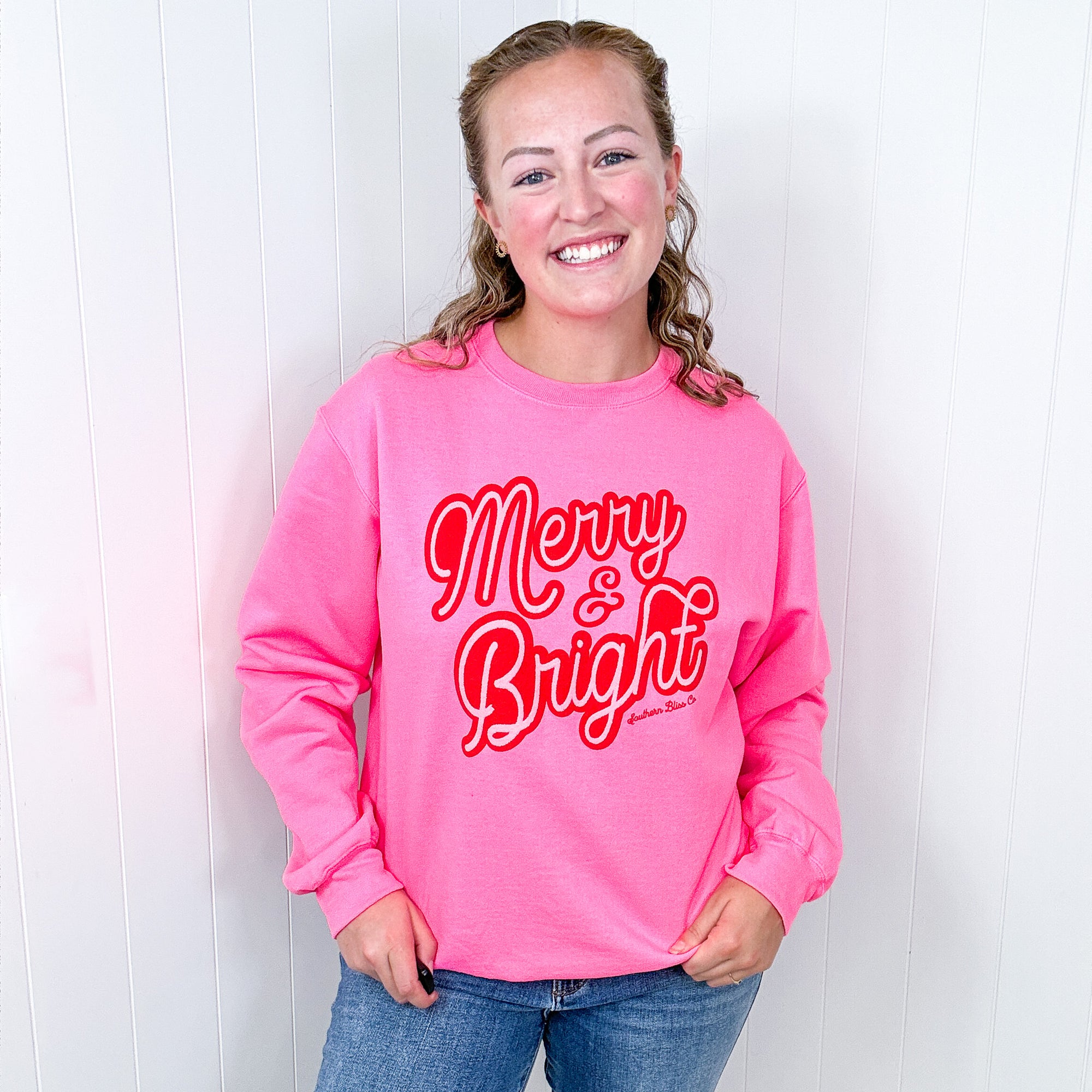 Christmas Merry Bright Hot Pink Long Sleeve Fleece Sweatshirt