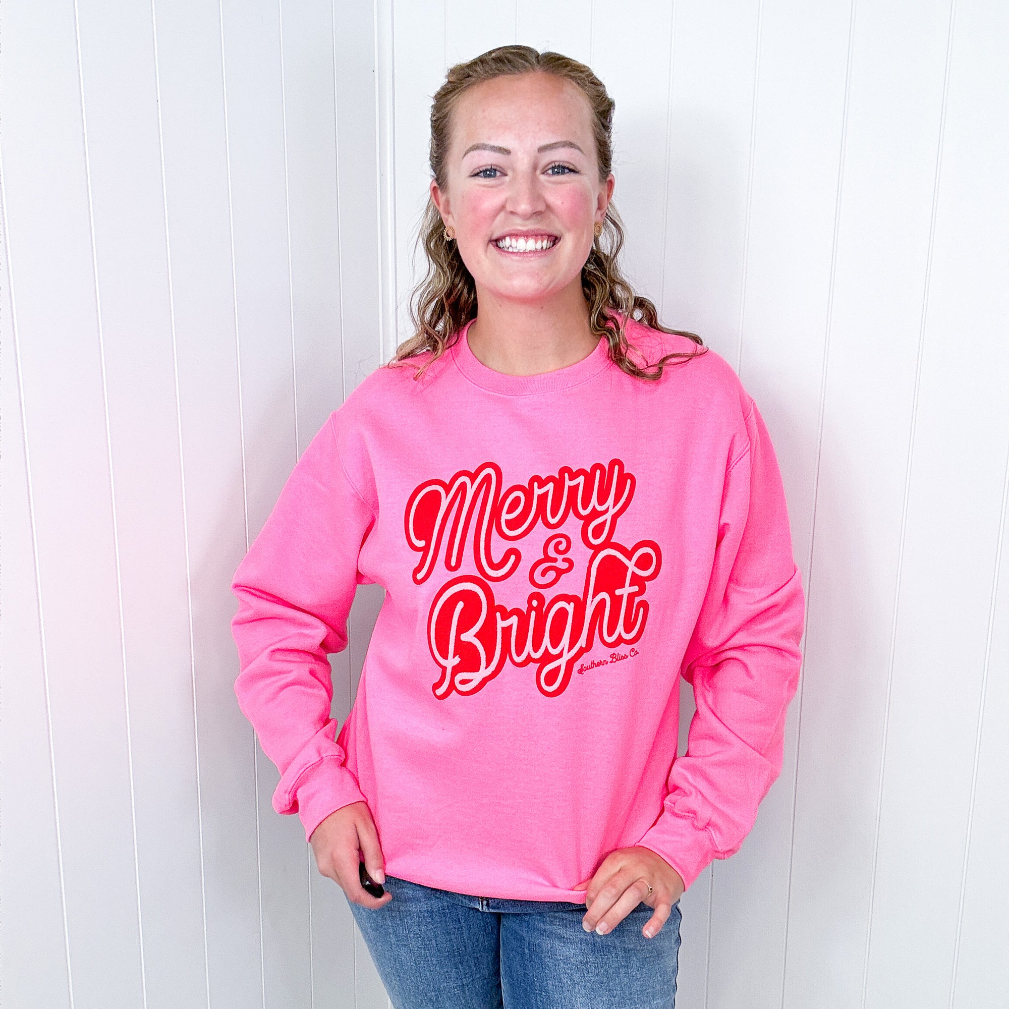 Christmas Merry Bright Hot Pink Long Sleeve Fleece Sweatshirt