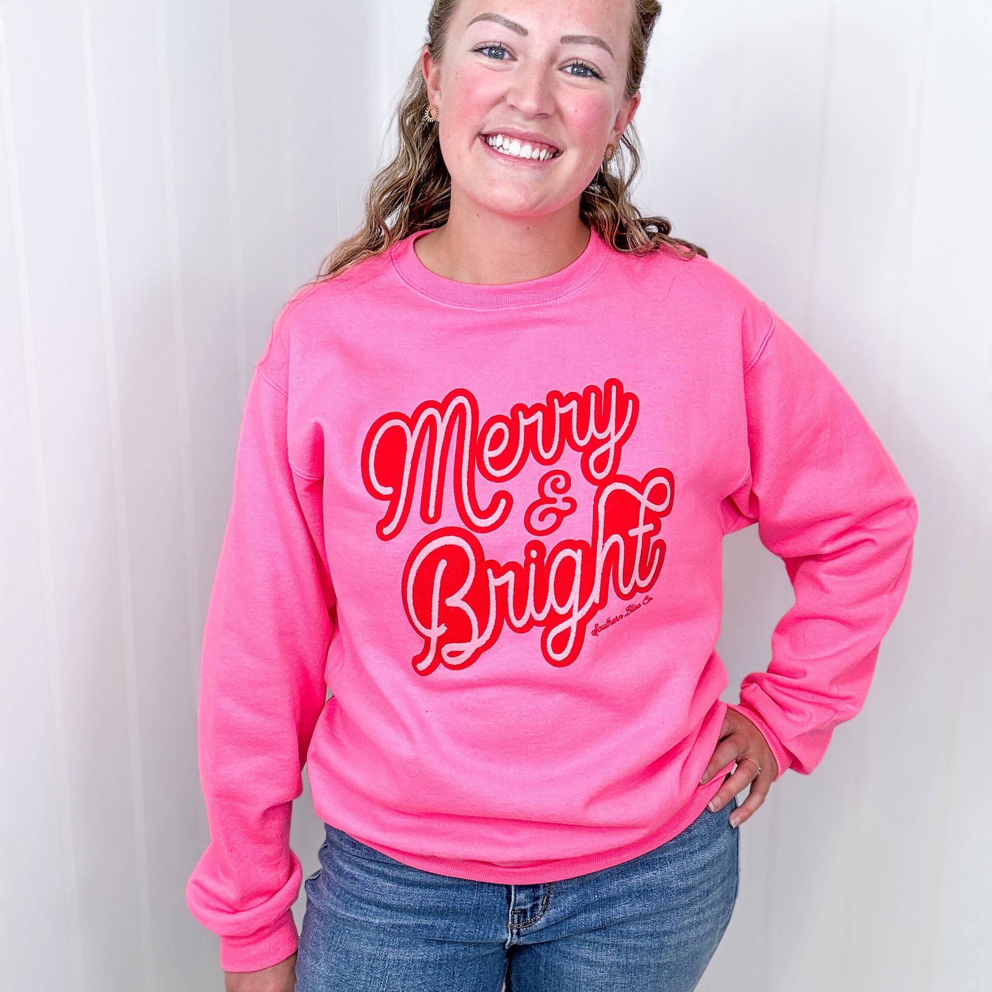 Christmas Merry Bright Hot Pink Long Sleeve Fleece Sweatshirt