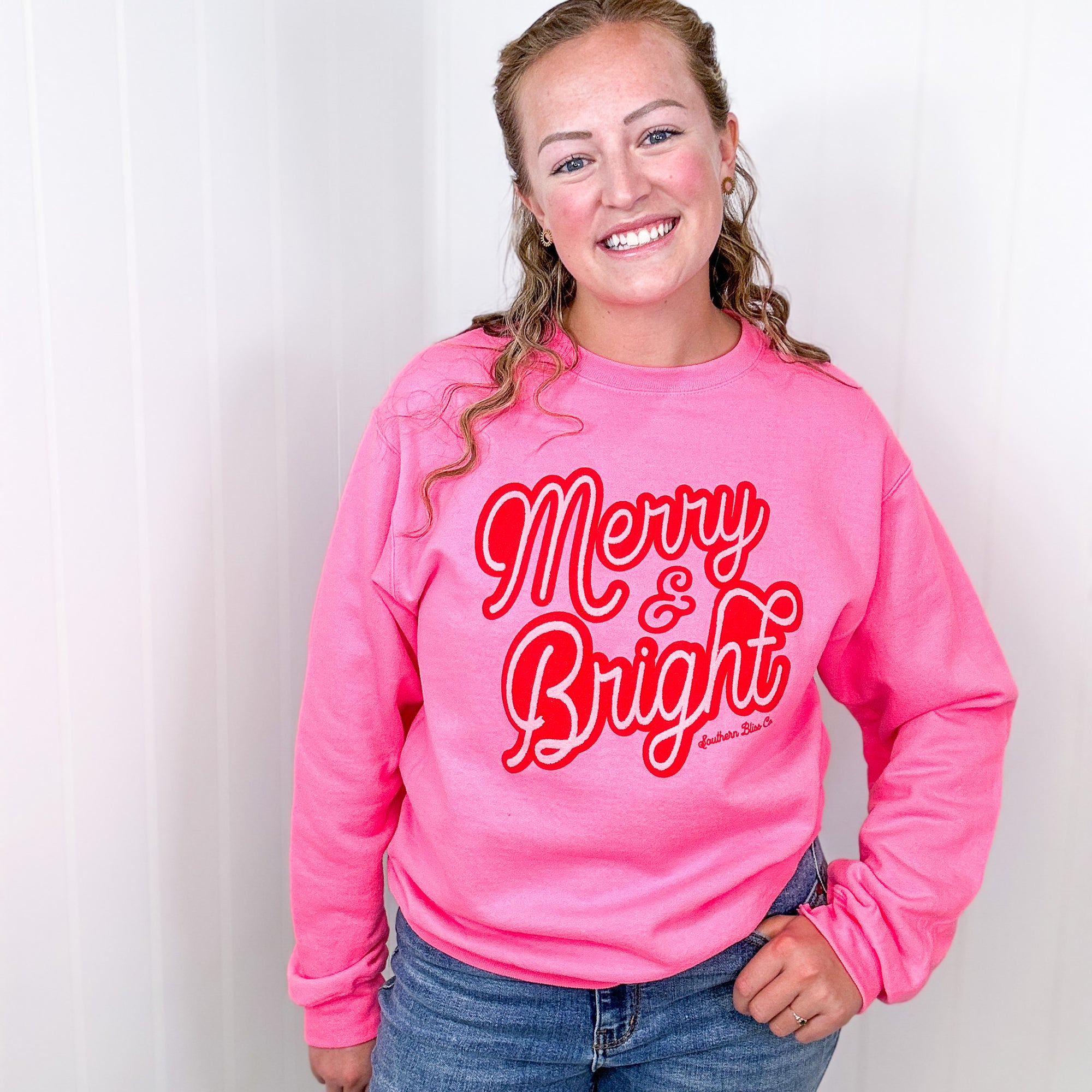 Christmas Merry Bright Hot Pink Long Sleeve Fleece Sweatshirt