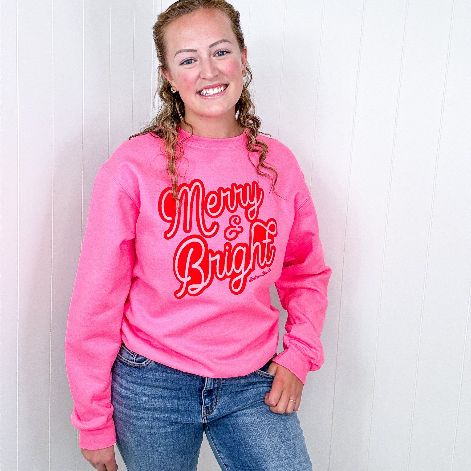 Christmas Merry Bright Hot Pink Long Sleeve Fleece Sweatshirt