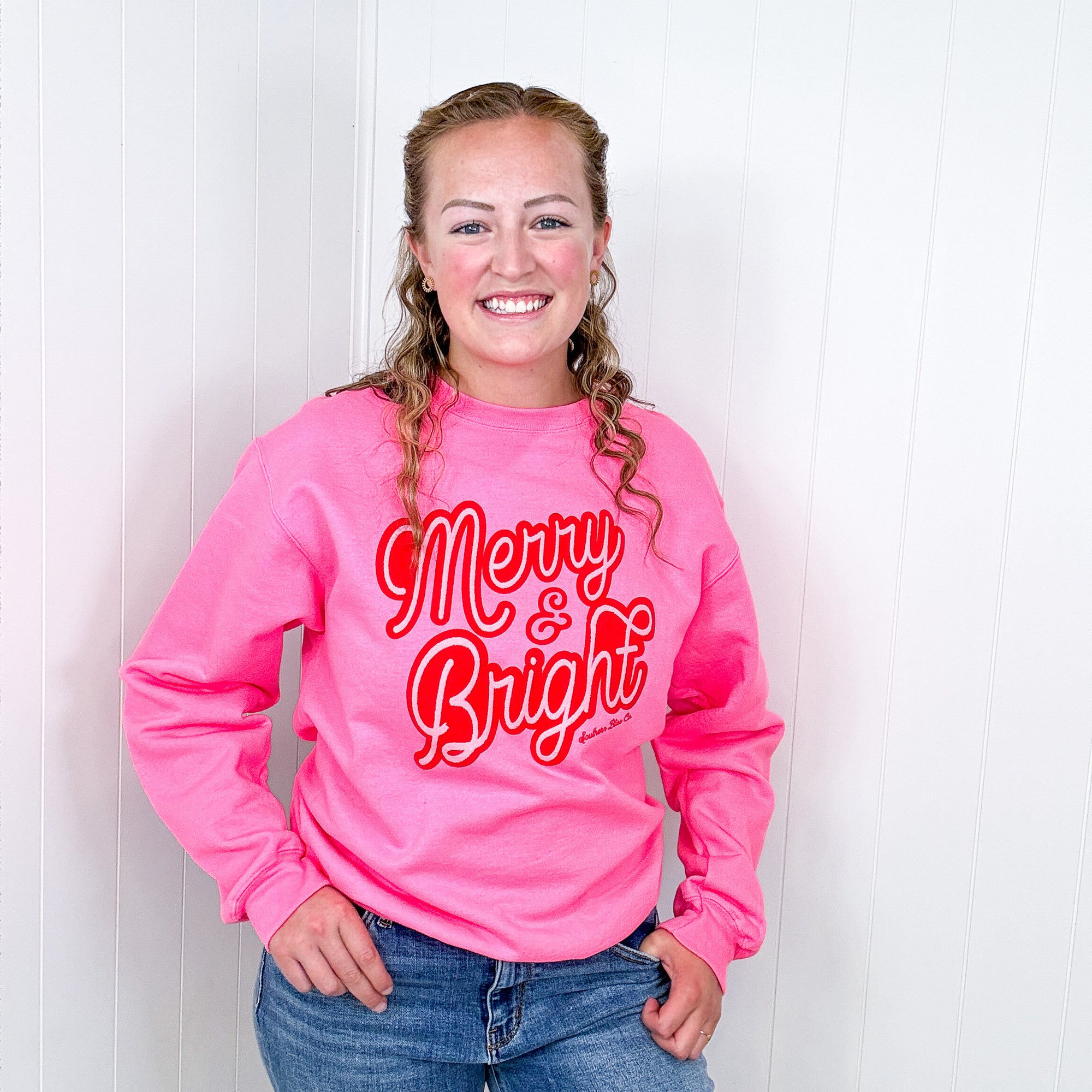 Christmas Merry Bright Hot Pink Long Sleeve Fleece Sweatshirt